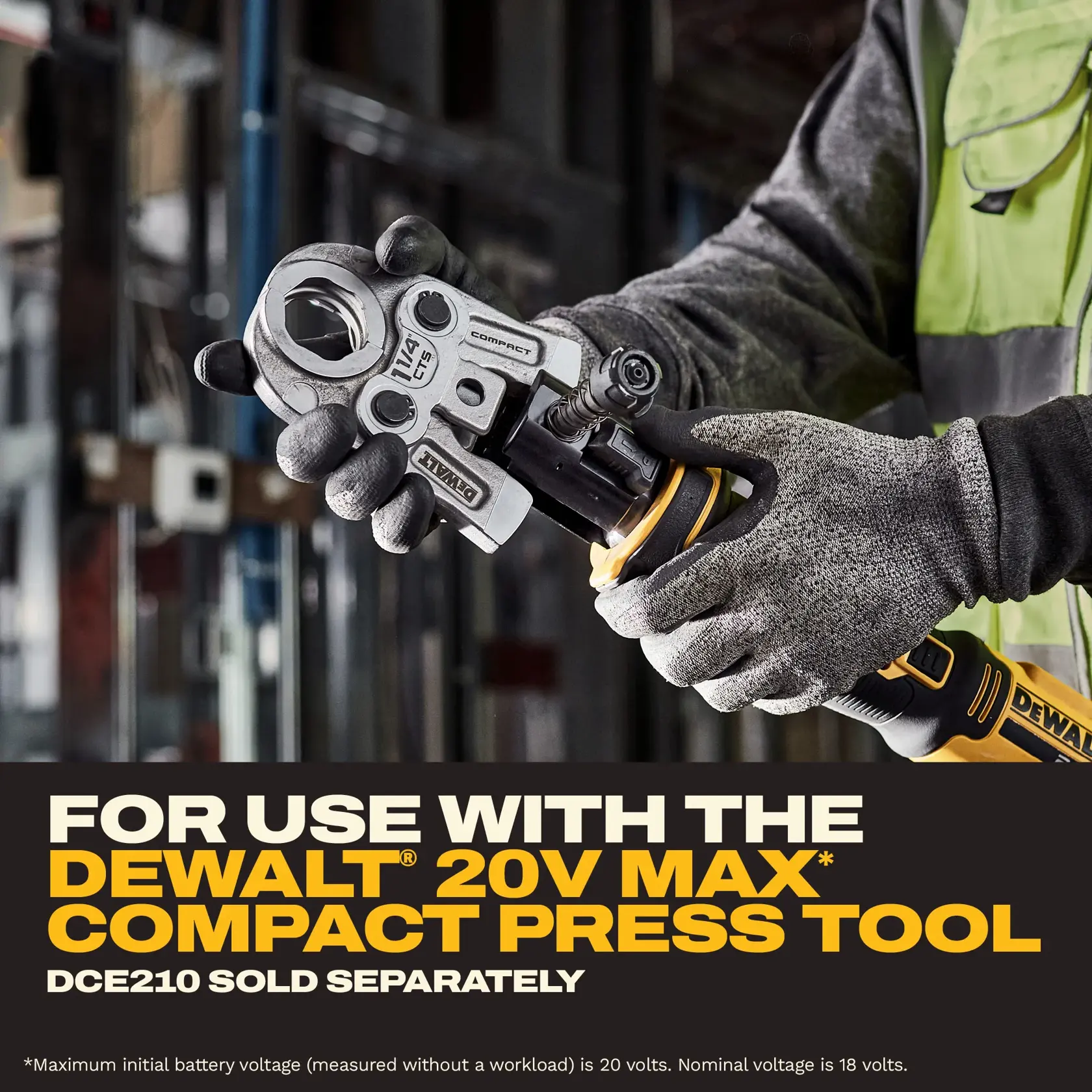 DEWALT 20V Max compact press tool held in hand. Shown for SKUs DCKTS681D1P1, DCE212K. Tool for pipe pressing.