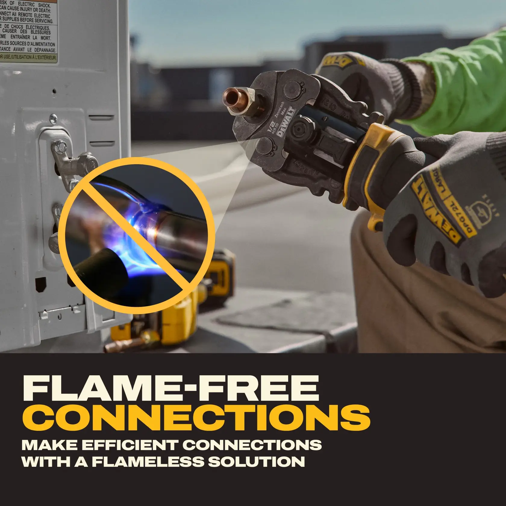 DEWALT DCE214K, DCKTS681D1P1 tools making flame-free pipe connections outdoors; no torch needed.