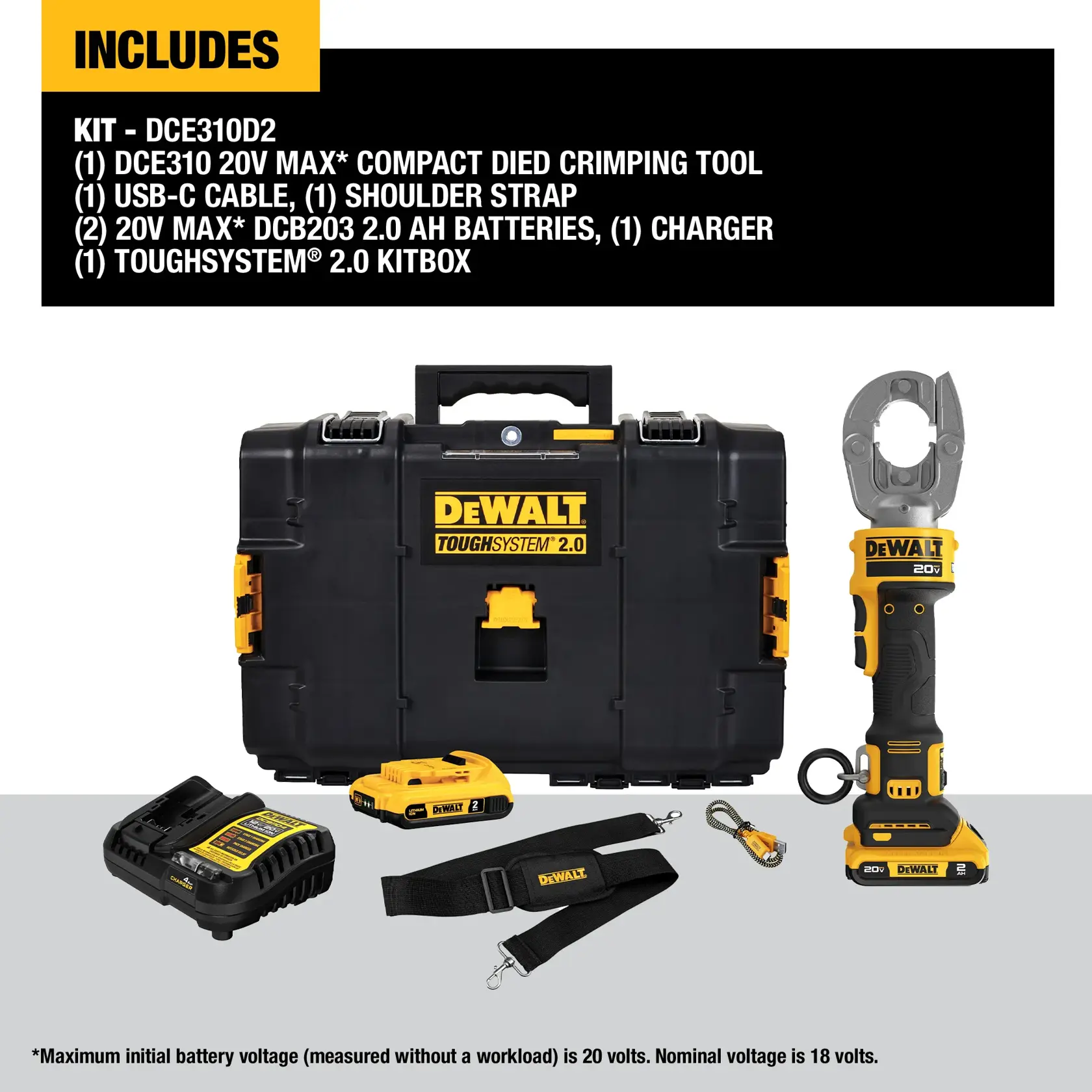 DEWALT DCE310D2 kit contents displayed, including a ToughSystem 2.0 kit box, DCE310 20V Max compact died crimping tool, USB-C cable, shoulder strap, two 20V Max DCB203 2.0 Ah batteries, and charger. Items are arranged neatly with labeling visible.