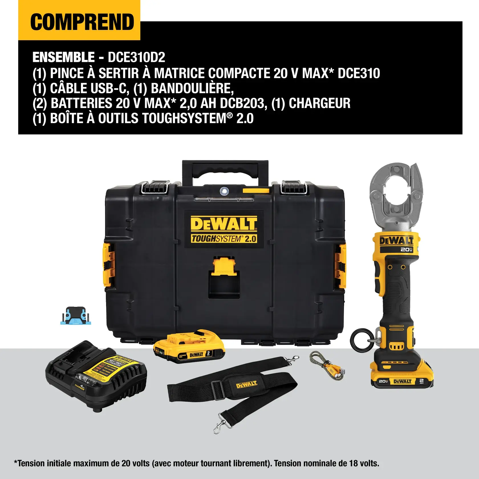 DEWALT DCE310D2 kit contents displayed, including a ToughSystem 2.0 kit box, DCE310 20V Max compact died crimping tool, USB-C cable, shoulder strap, two 20V Max DCB203 2.0 Ah batteries, and charger. Items are arranged neatly with labeling visible.