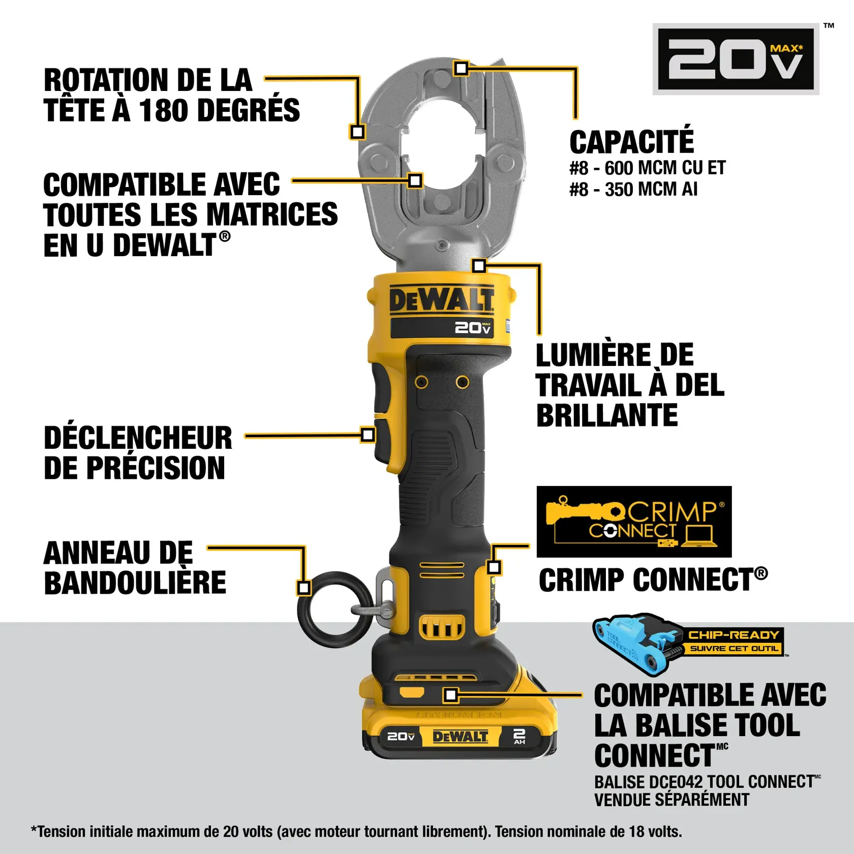 Image of a DEWALT 20V Max cordless tool, shown with labeled features including a 180° rotating head, bright worklight LEDs, precision release, shoulder strap ring, Crimp Connect, and Tool Connect chip-ready compatibility. The tool accepts DEWALT compact U-type dies and has a capacity of #8 - 600 MCM copper and #8 - 350 MCM aluminum. Product branding and key technical features are highlighted.