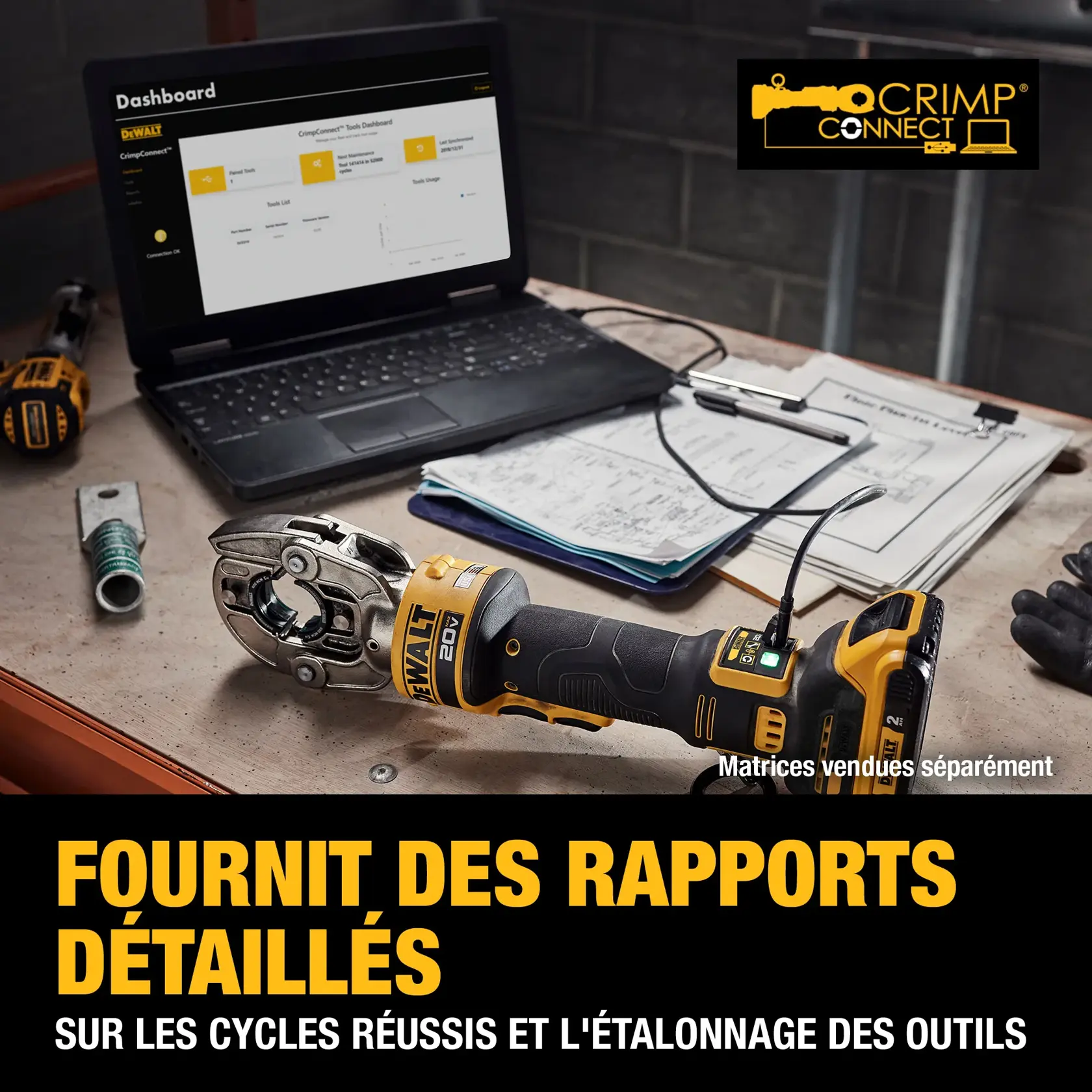 A DEWALT branded crimping tool is connected to a laptop displaying the CrimpConnect dashboard, showing tool data. The scene includes technical documents and a pen on the desk. The image highlights detailed reporting on successful cycles and tool calibration.