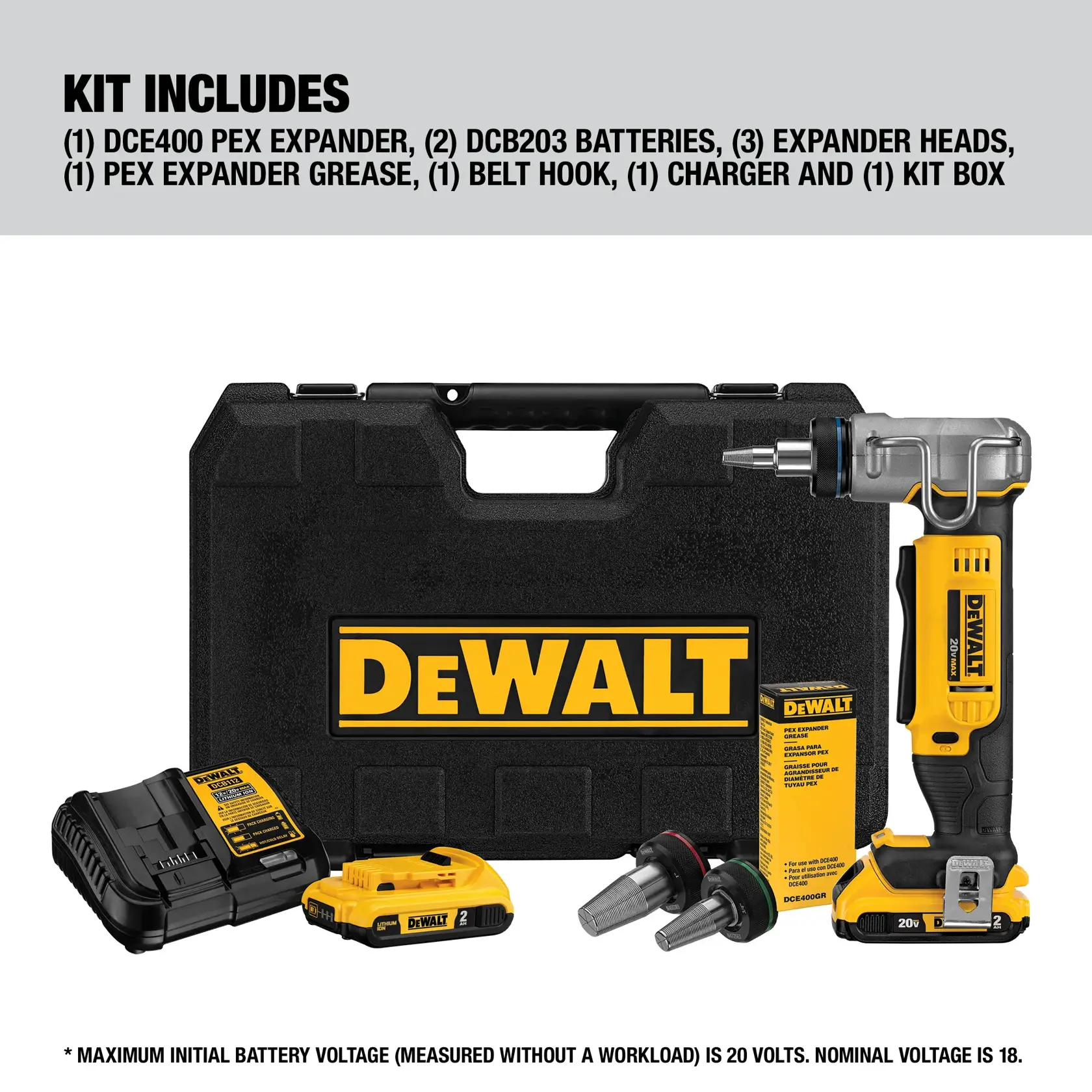 DEWALT DCE400D2 PEX expander kit, including a cordless PEX expander tool, two batteries, three expander heads, PEX expander grease, belt hook, charger, and a black kit box, all displayed with yellow and black DEWALT branding.