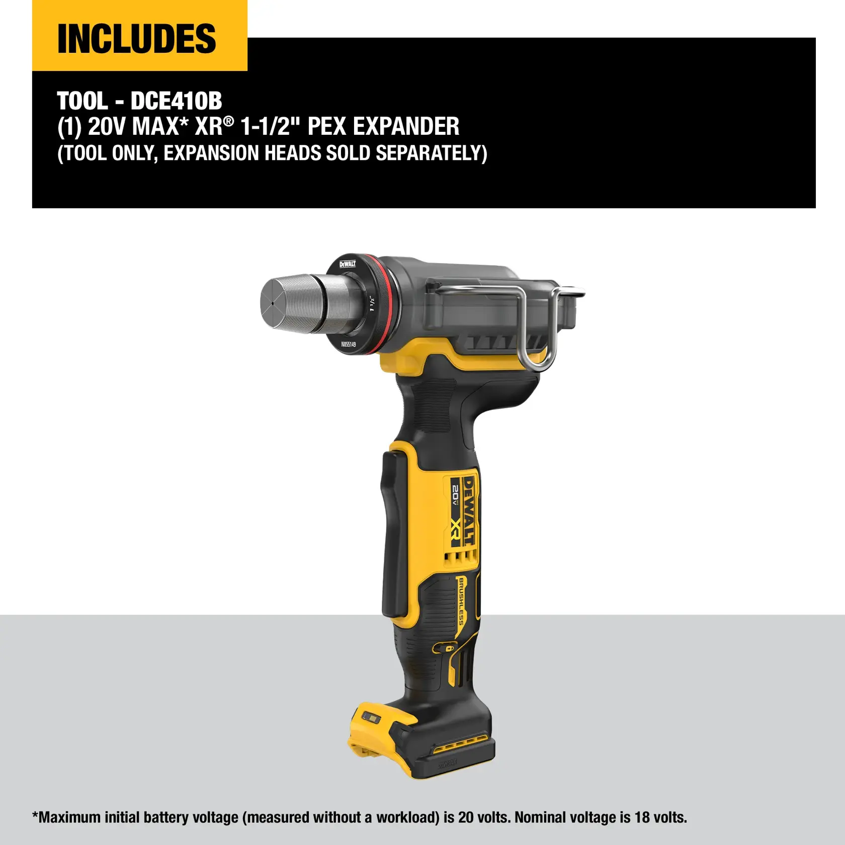 DEWALT DCE410B 20V MAX XR PEX Expander tool, shown without expansion heads or battery.