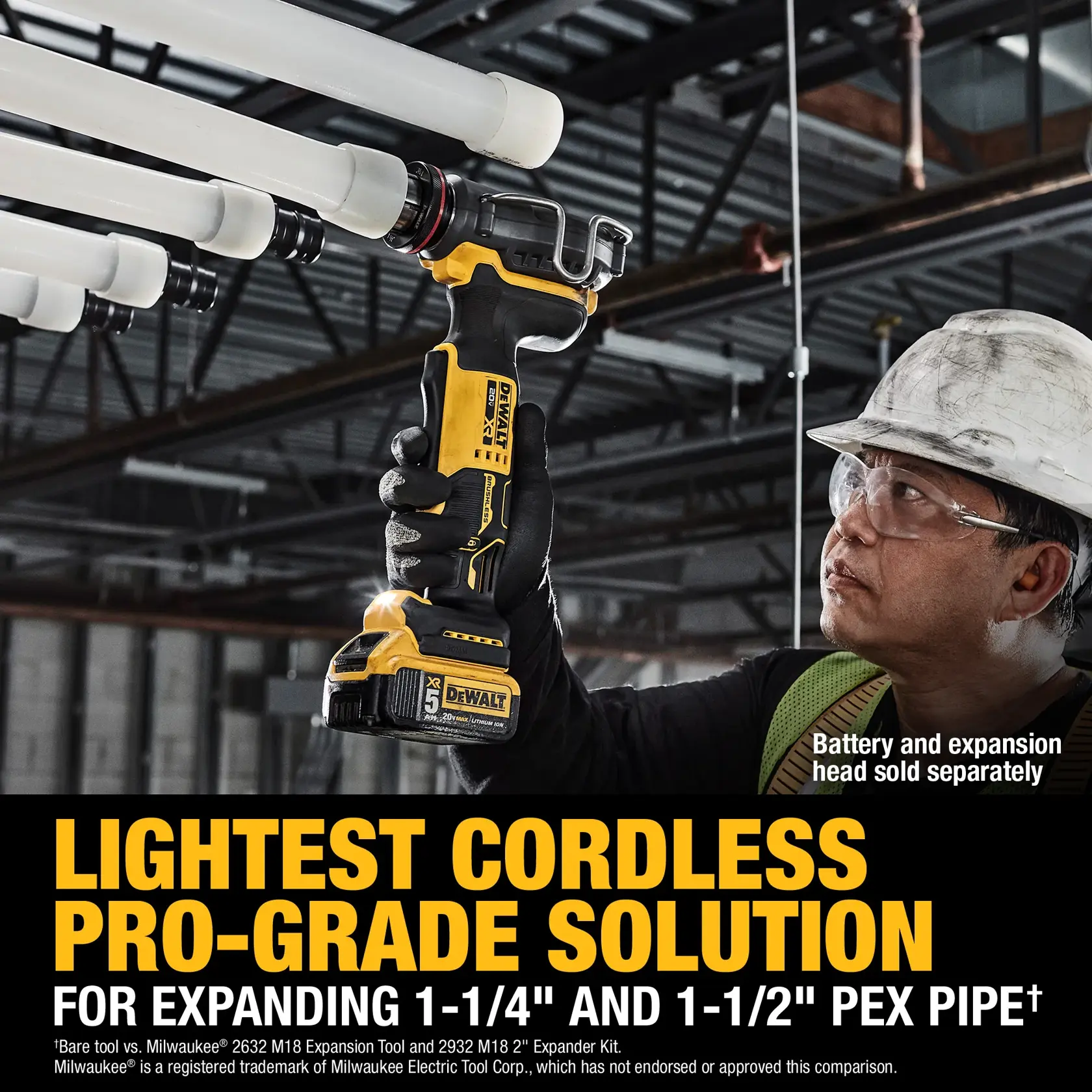 DEWALT cordless tool used to expand PEX pipes. Worker with gloves and helmet. Text highlights lightweight solution.