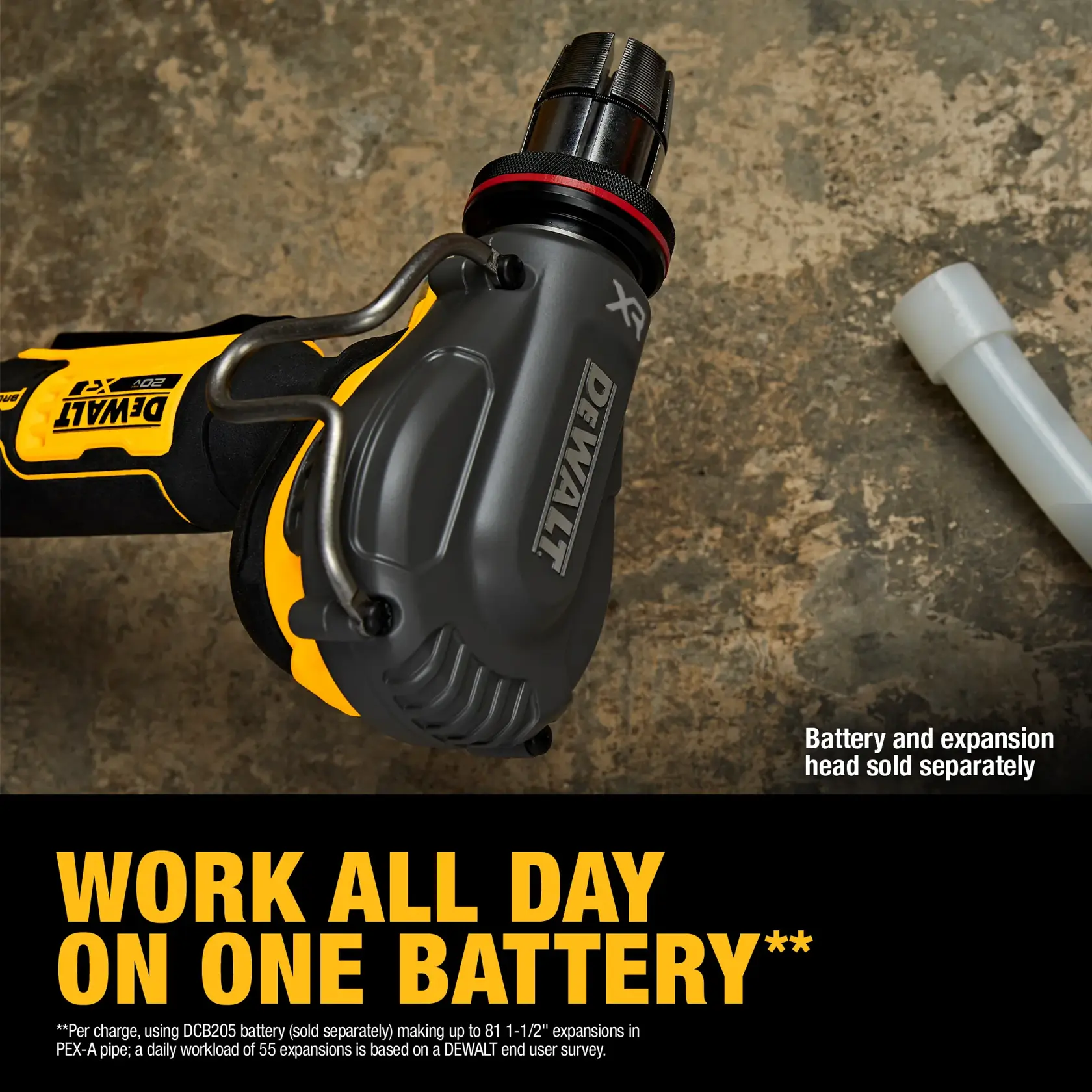 DEWALT cordless tool with expansion head for pipes. Battery and head sold separately. Text: Work all day on one battery.
