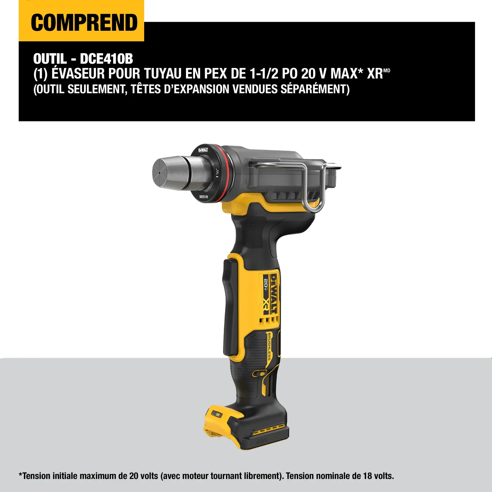 DEWALT DCE410B 20V MAX XR PEX Expander tool, shown without expansion heads or battery.