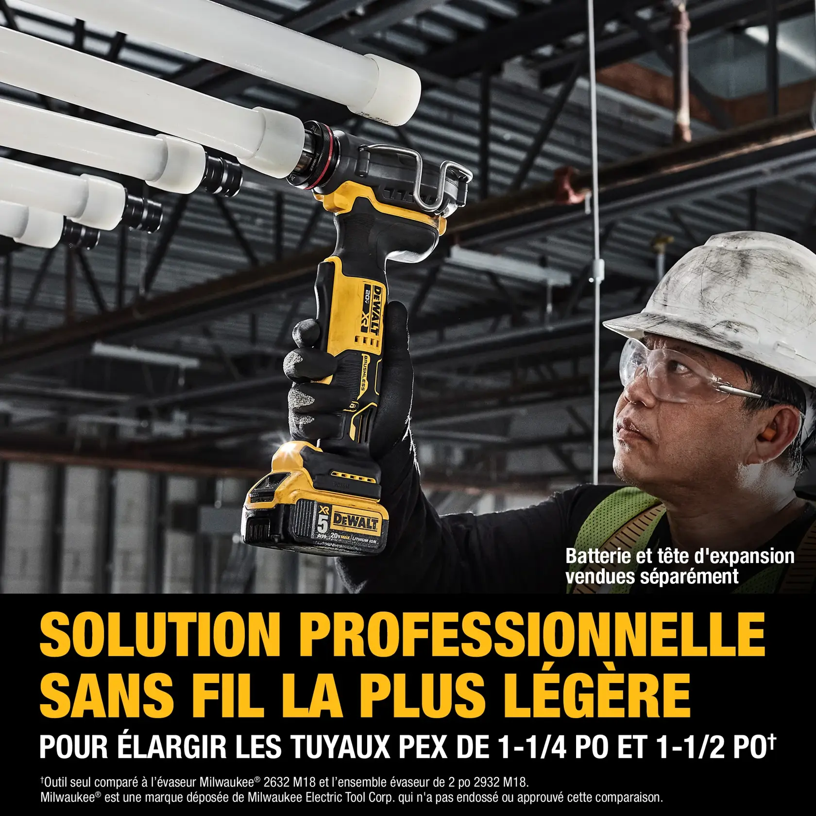 DEWALT cordless tool used to expand PEX pipes. Worker with gloves and helmet. Text highlights lightweight solution.