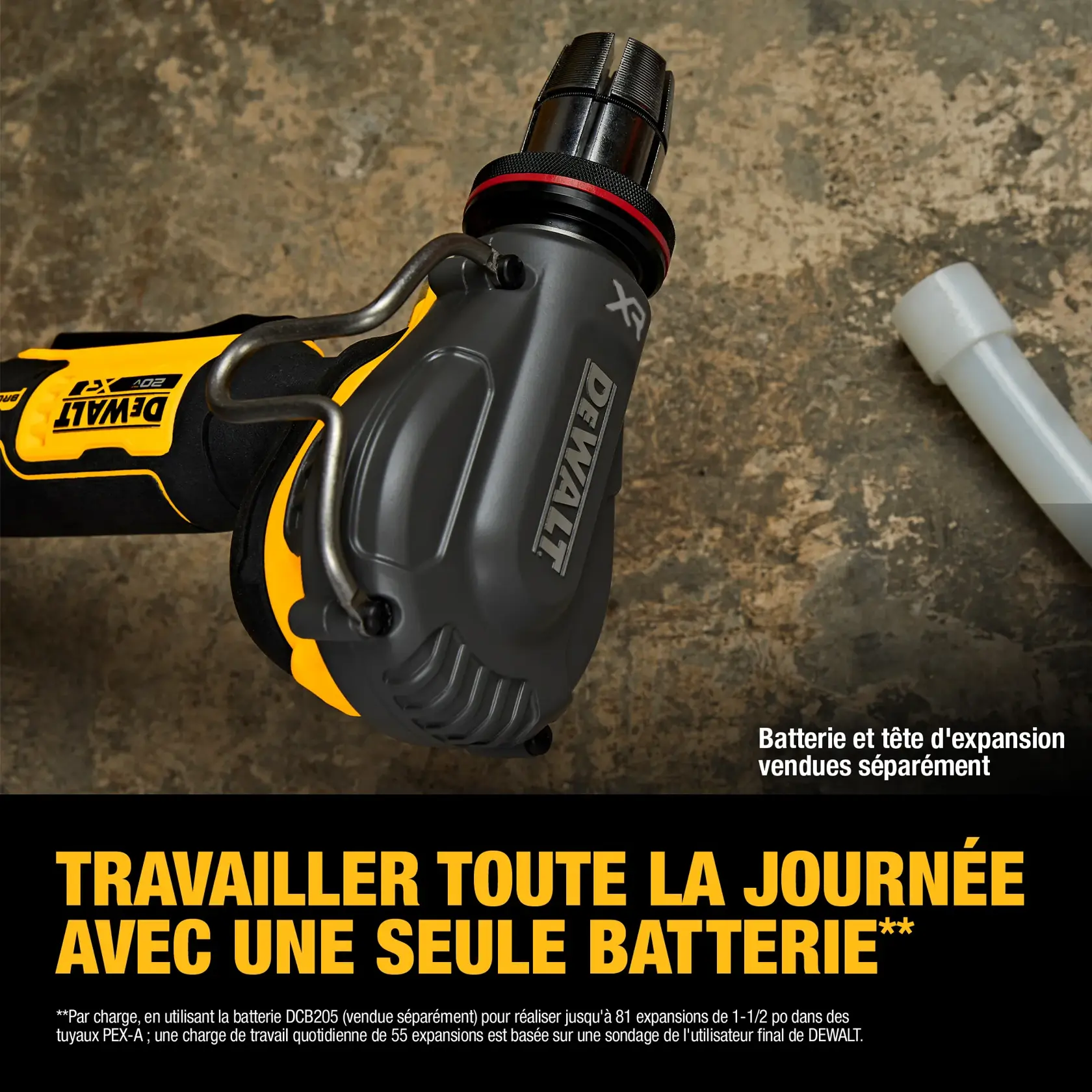 DEWALT cordless tool with expansion head for pipes. Battery and head sold separately. Text: Work all day on one battery.
