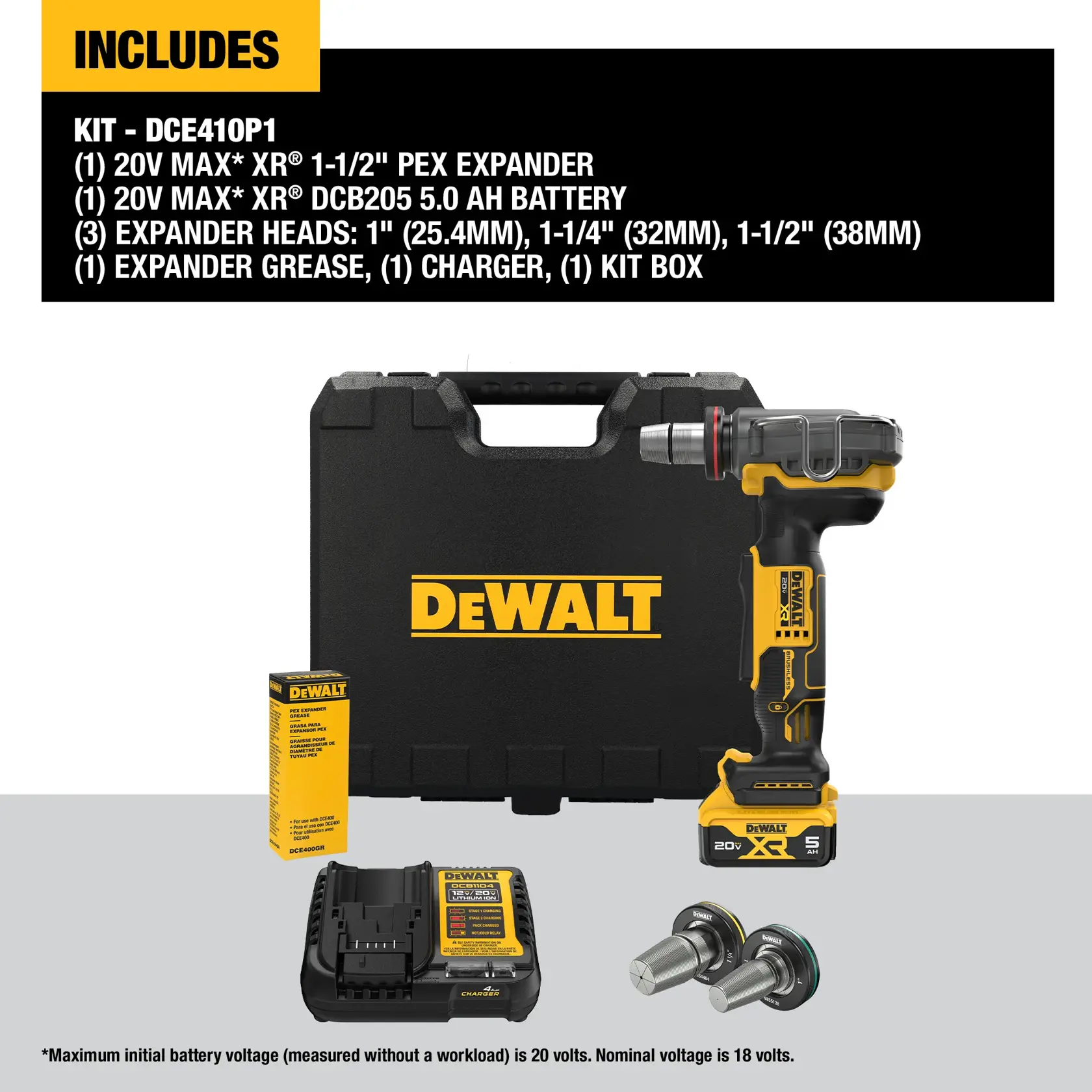 DEWALT DCE410P1 kit includes a 20V MAX XR 1-1/2 inch PEX expander, a 20V MAX XR DCB205 5.0 AH battery, three expander heads (1 inch, 1-1/4 inch, 1-1/2 inch), expander grease, charger, and a kit box. All items are shown in front of a DEWALT-branded case.