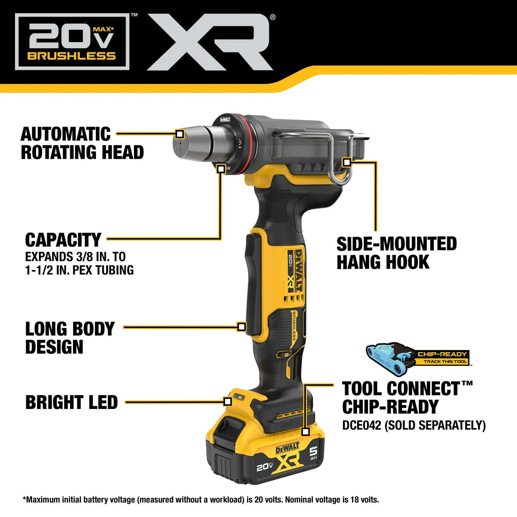 Product image of a DEWALT 20V XR brushless tool featuring an automatic rotating head, side-mounted hang hook, capacity for expanding 3/8 inch to 1-1/2 inch PEX tubing, a long body design, and a bright LED light. The tool is also Tool Connect chip-ready with DCE042, which is sold separately.