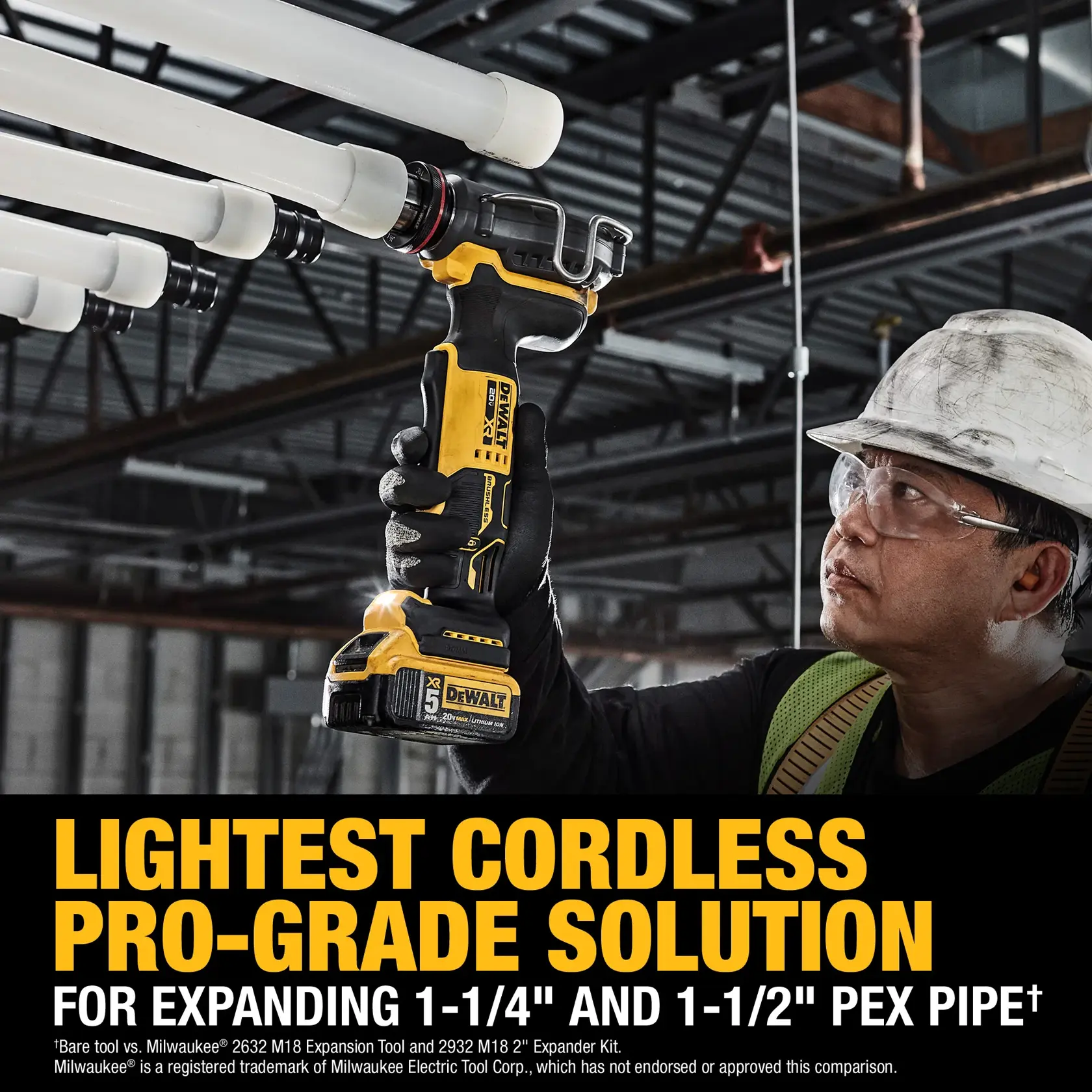 A worker wearing a hard hat and gloves uses a yellow and black DEWALT cordless XR tool to expand plastic pipes in an industrial building. The text on the image highlights the tool as the lightest cordless pro-grade solution for expanding 1-1/4" and 1-1/2" PEX pipe.
