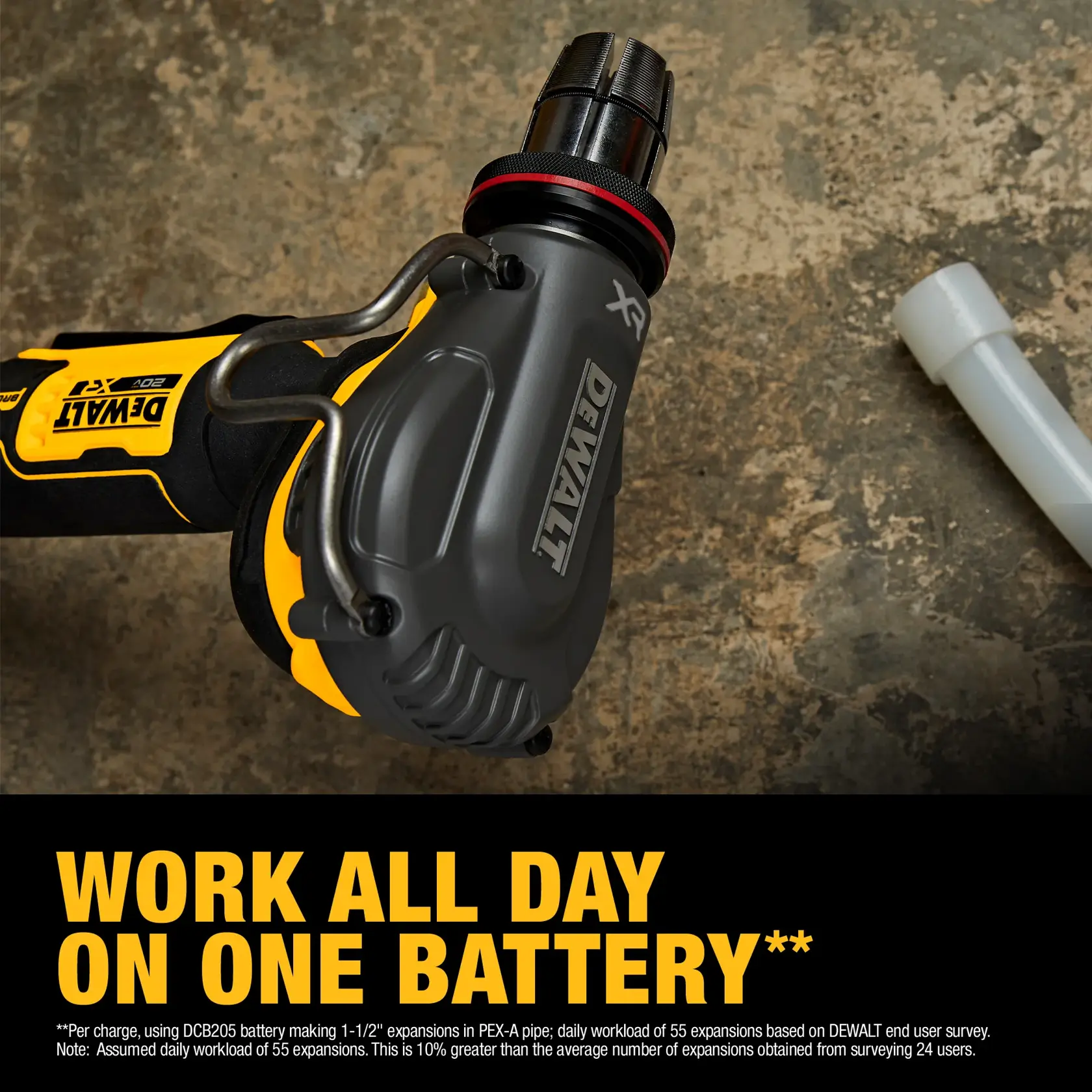 A close-up of a DEWALT 20V MAX XR power tool, likely a pipe expansion tool, placed on a rough concrete surface. Bold yellow text at the bottom reads: 'WORK ALL DAY ON ONE BATTERY.' Additional information about battery performance and workload is provided in small text.