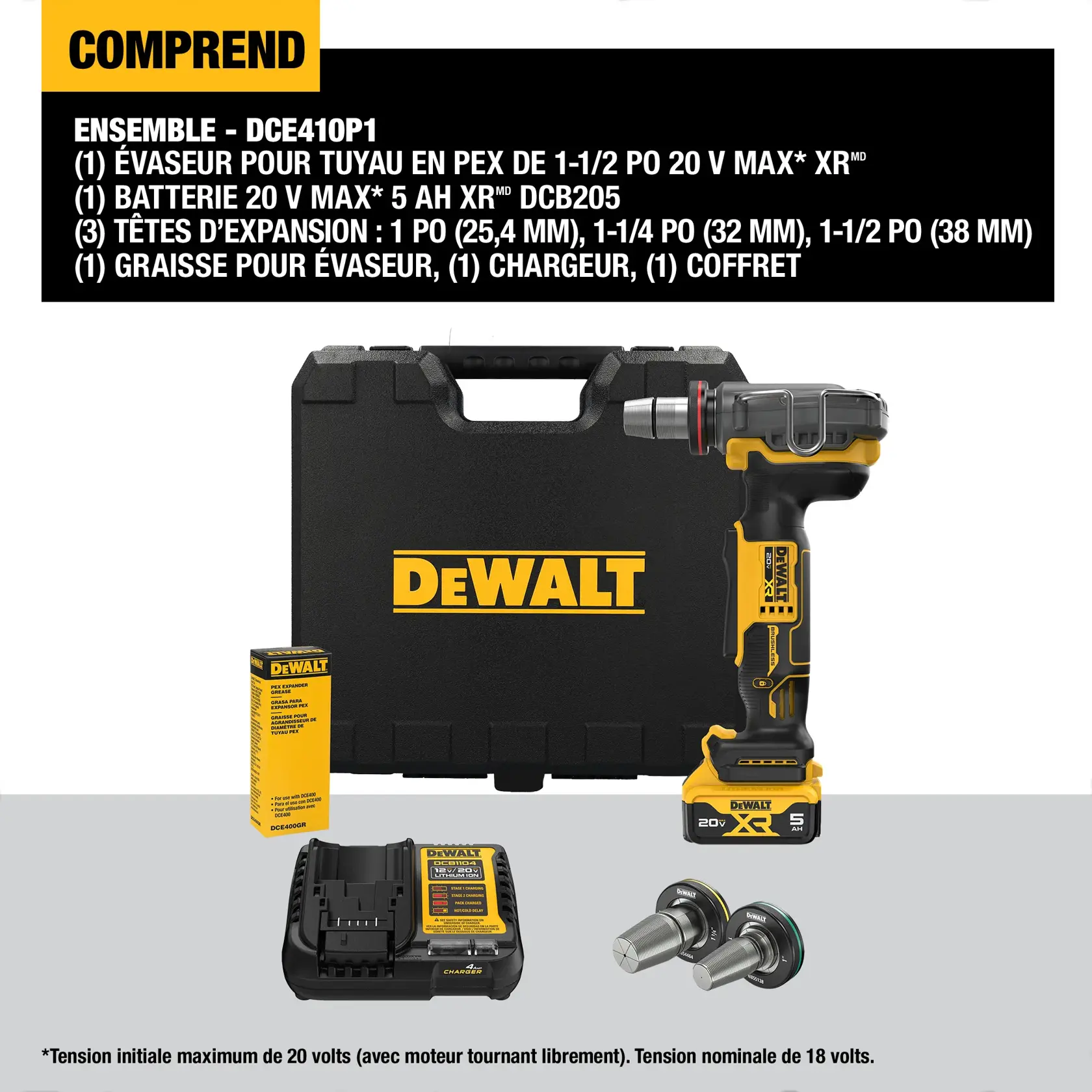 DEWALT DCE410P1 kit includes a 20V MAX XR 1-1/2 inch PEX expander, a 20V MAX XR DCB205 5.0 AH battery, three expander heads (1 inch, 1-1/4 inch, 1-1/2 inch), expander grease, charger, and a kit box. All items are shown in front of a DEWALT-branded case.