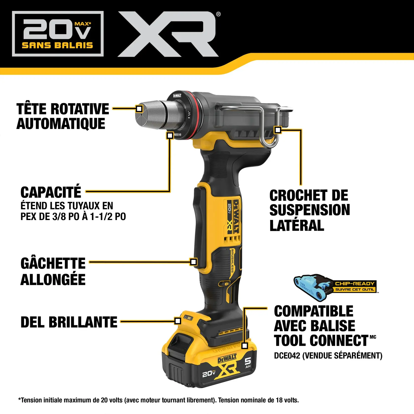 Product image of a DEWALT 20V XR brushless tool featuring an automatic rotating head, side-mounted hang hook, capacity for expanding 3/8 inch to 1-1/2 inch PEX tubing, a long body design, and a bright LED light. The tool is also Tool Connect chip-ready with DCE042, which is sold separately.