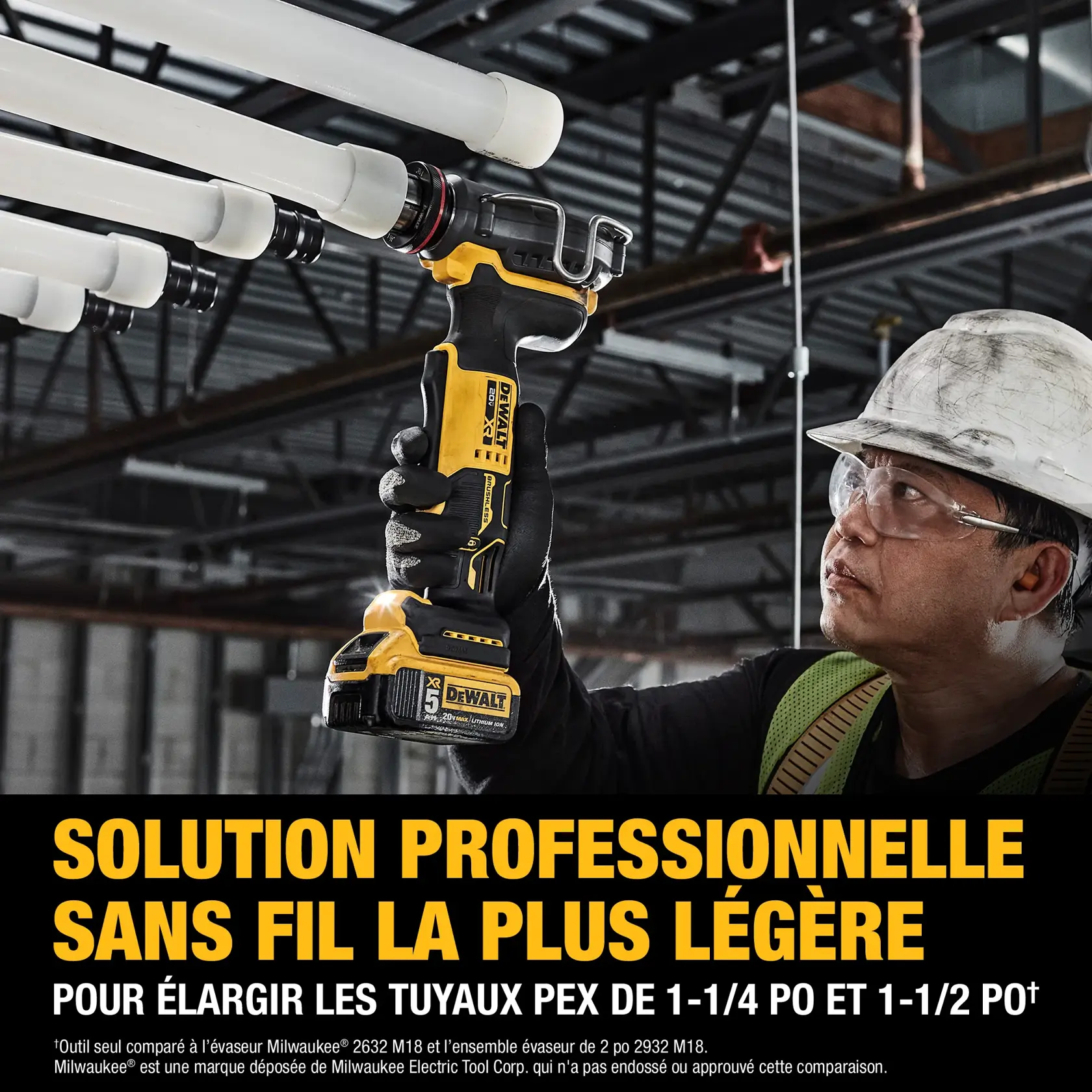 A worker wearing a hard hat and gloves uses a yellow and black DEWALT cordless XR tool to expand plastic pipes in an industrial building. The text on the image highlights the tool as the lightest cordless pro-grade solution for expanding 1-1/4" and 1-1/2" PEX pipe.