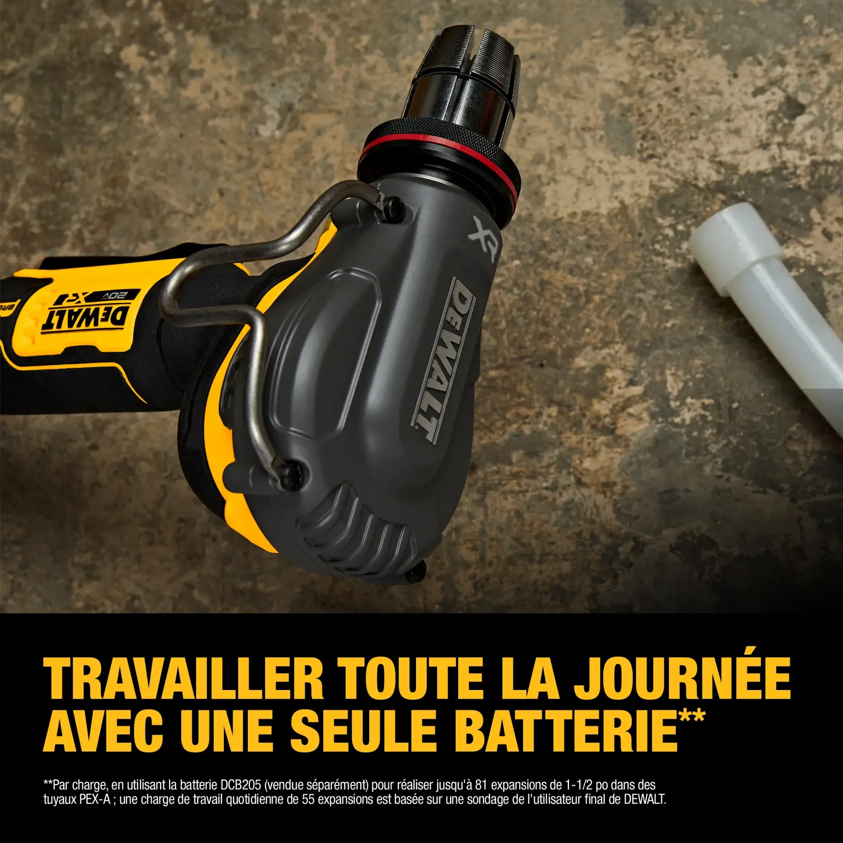 A close-up of a DEWALT 20V MAX XR power tool, likely a pipe expansion tool, placed on a rough concrete surface. Bold yellow text at the bottom reads: 'WORK ALL DAY ON ONE BATTERY.' Additional information about battery performance and workload is provided in small text.