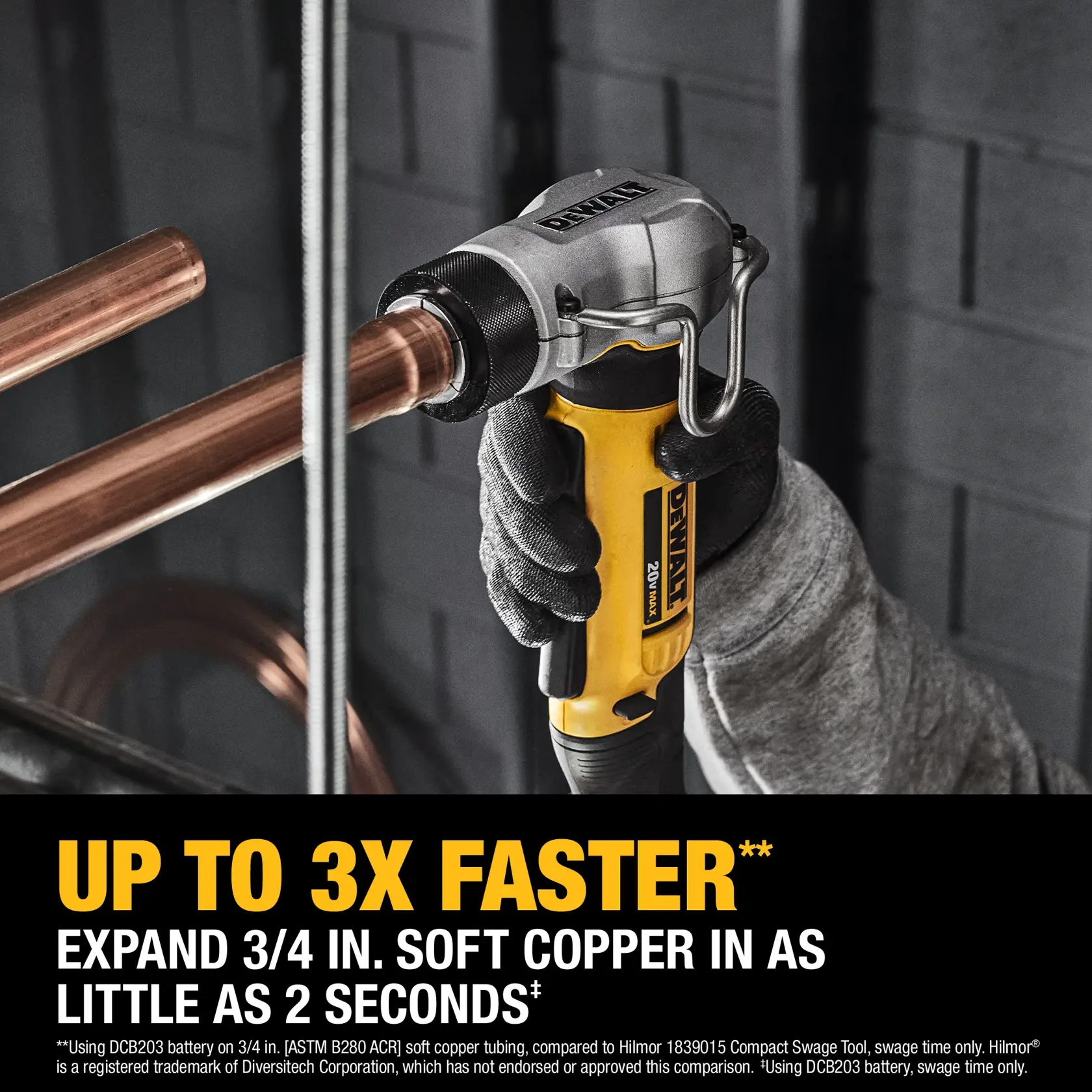A person wearing gloves uses a DEWALT power tool to expand a copper pipe. The tool is yellow and black, labeled with the DEWALT brand, and is shown in an industrial setting. Text on the image highlights the tool's ability to expand 3/4 inch soft copper pipes up to three times faster, in as little as two seconds.