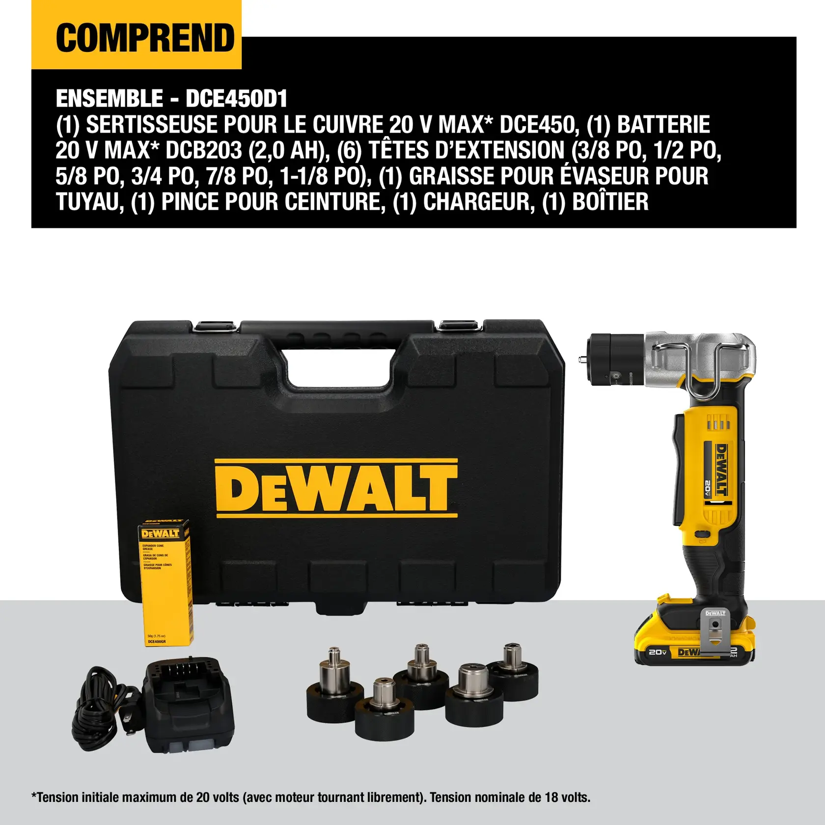 DEWALT kit model DCE450D1 for copper swaging, includes a 20V MAX* copper swage tool, 20V MAX* DCB203 battery (2.0 Ah), six expansion heads (3/8 in., 1/2 in., 5/8 in., 3/4 in., 7/8 in., 1-1/8 in.), expander grease, belt clip, charger, and a kit box. All items are displayed on a surface: a yellow and black swage tool with battery, six expansion heads, a charger, expander grease, and a hard plastic carrying case with DEWALT logo.