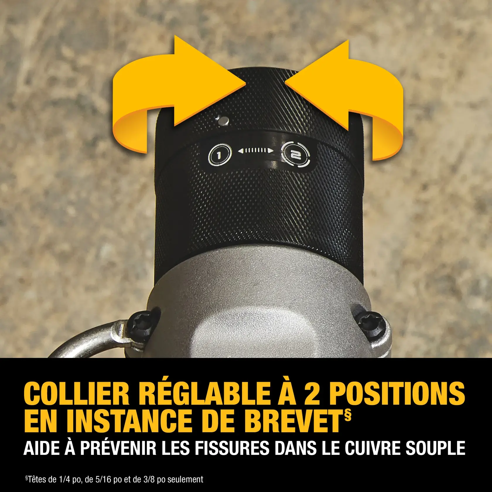 Close-up of a DEWALT tool featuring a patent-pending 2-stage adjustable collar. The collar has two large yellow arrows indicating adjustment, and the text below states that this feature helps prevent cracks in soft copper.