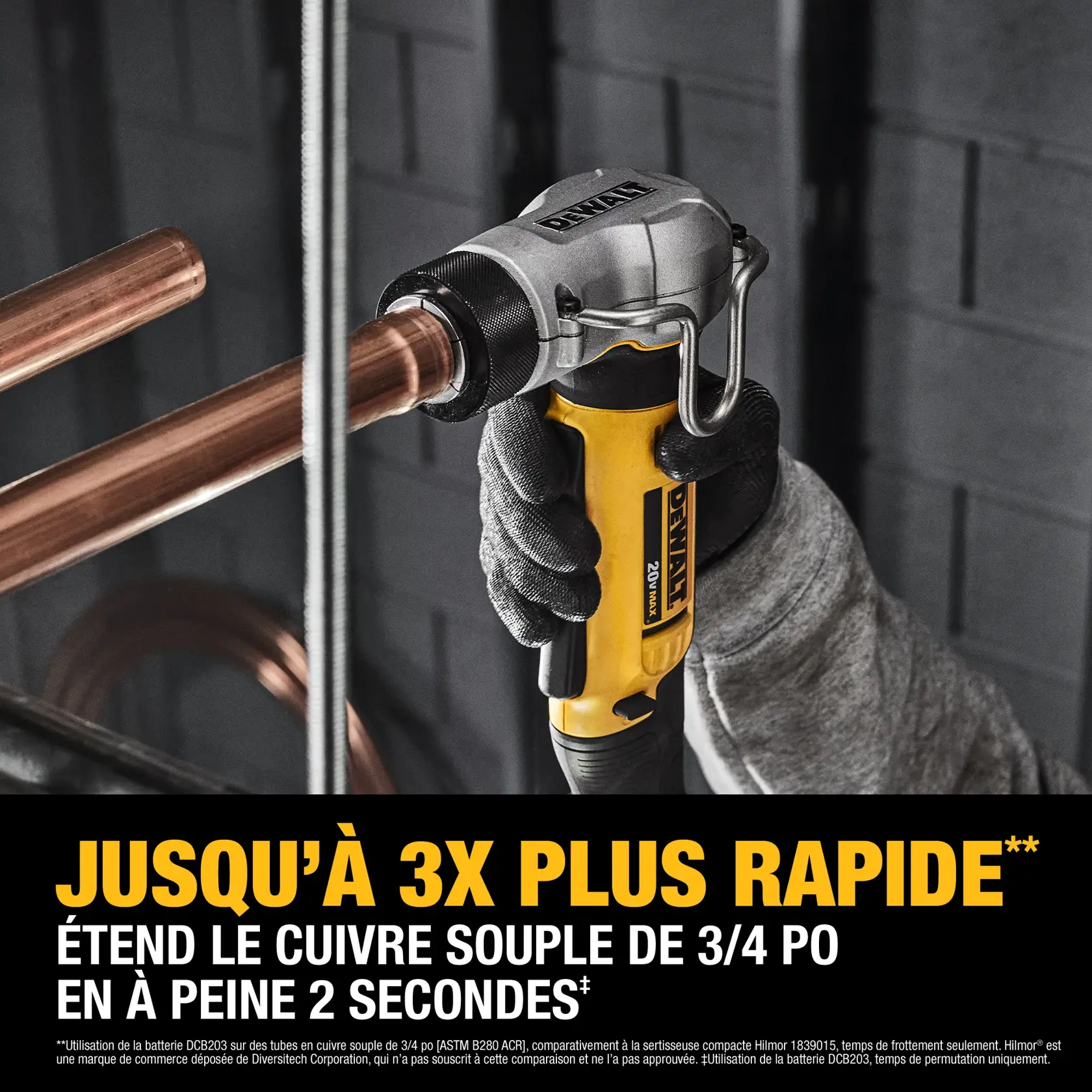 A person wearing gloves uses a DEWALT power tool to expand a copper pipe. The tool is yellow and black, labeled with the DEWALT brand, and is shown in an industrial setting. Text on the image highlights the tool's ability to expand 3/4 inch soft copper pipes up to three times faster, in as little as two seconds.