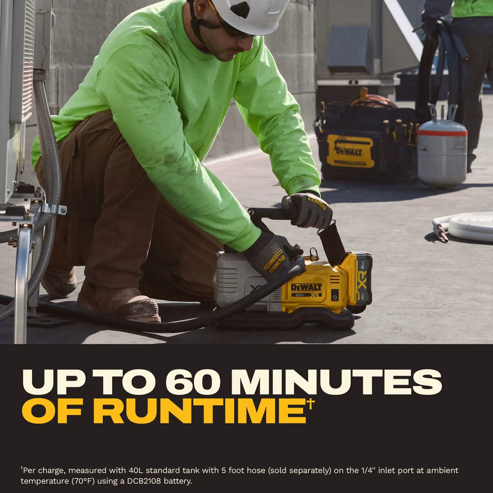 A person wearing a neon green shirt, brown pants, gloves, and a helmet operates a DEWALT cordless tool outdoors, with DEWALT-branded bags and equipment visible in the background. Bold text at the bottom states 'Up to 60 Minutes of Runtime.'