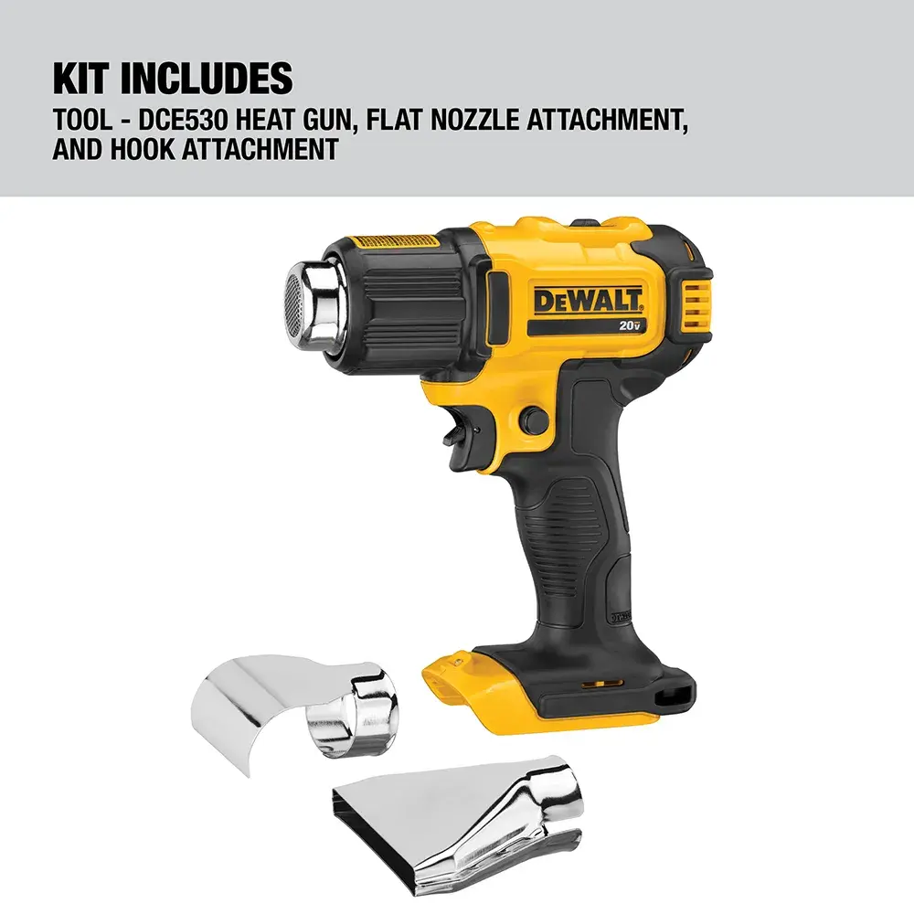 DEWALT cordless heat gun (model DCE530B) shown with two metallic nozzle attachments, a flat nozzle and a hook nozzle. Text indicates the kit includes the heat gun, flat nozzle attachment, and hook attachment.