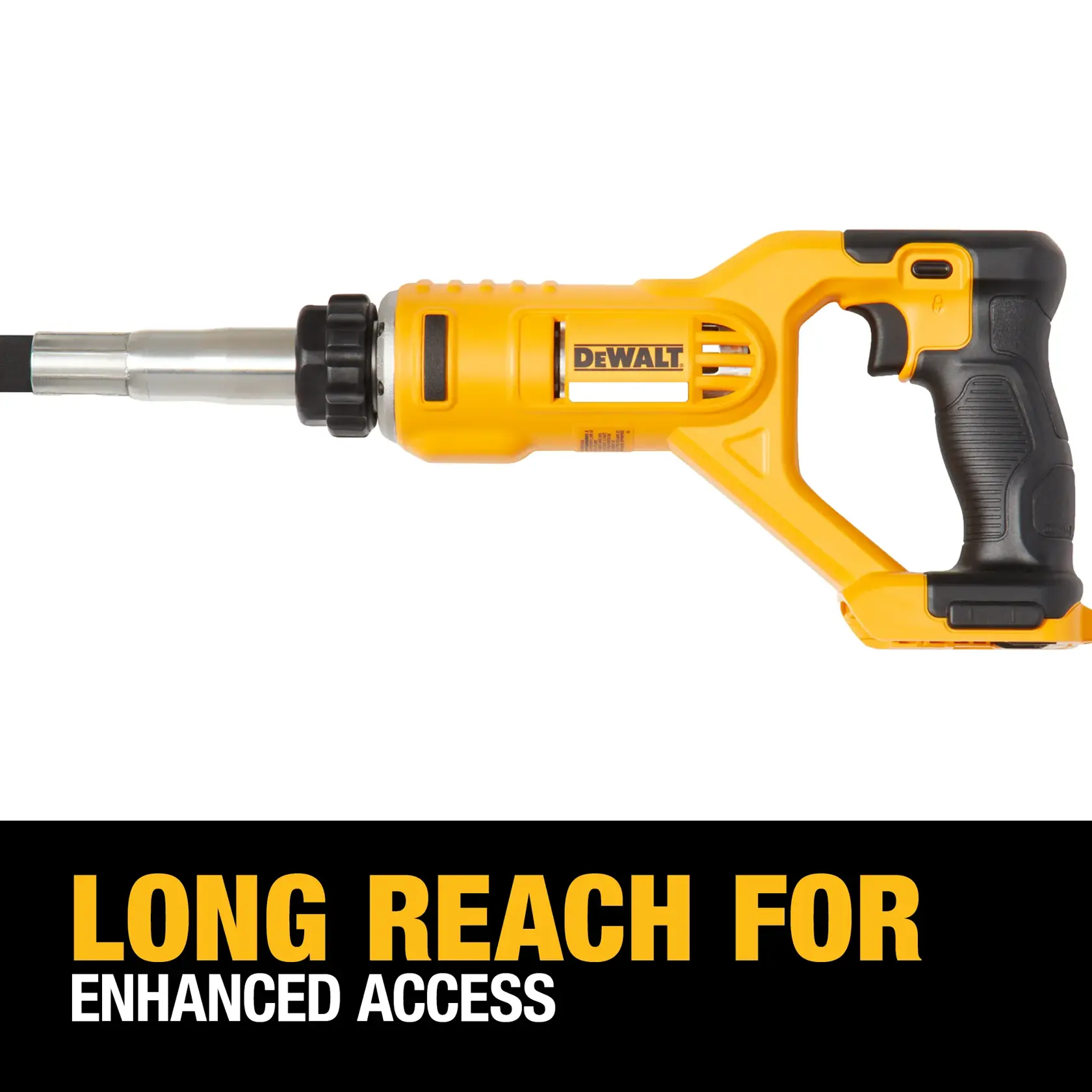 A DEWALT handheld power tool with a long metal nozzle, primarily yellow and black in color, shown against a white background. The bottom of the image features the text: 'LONG REACH FOR ENHANCED ACCESS.'