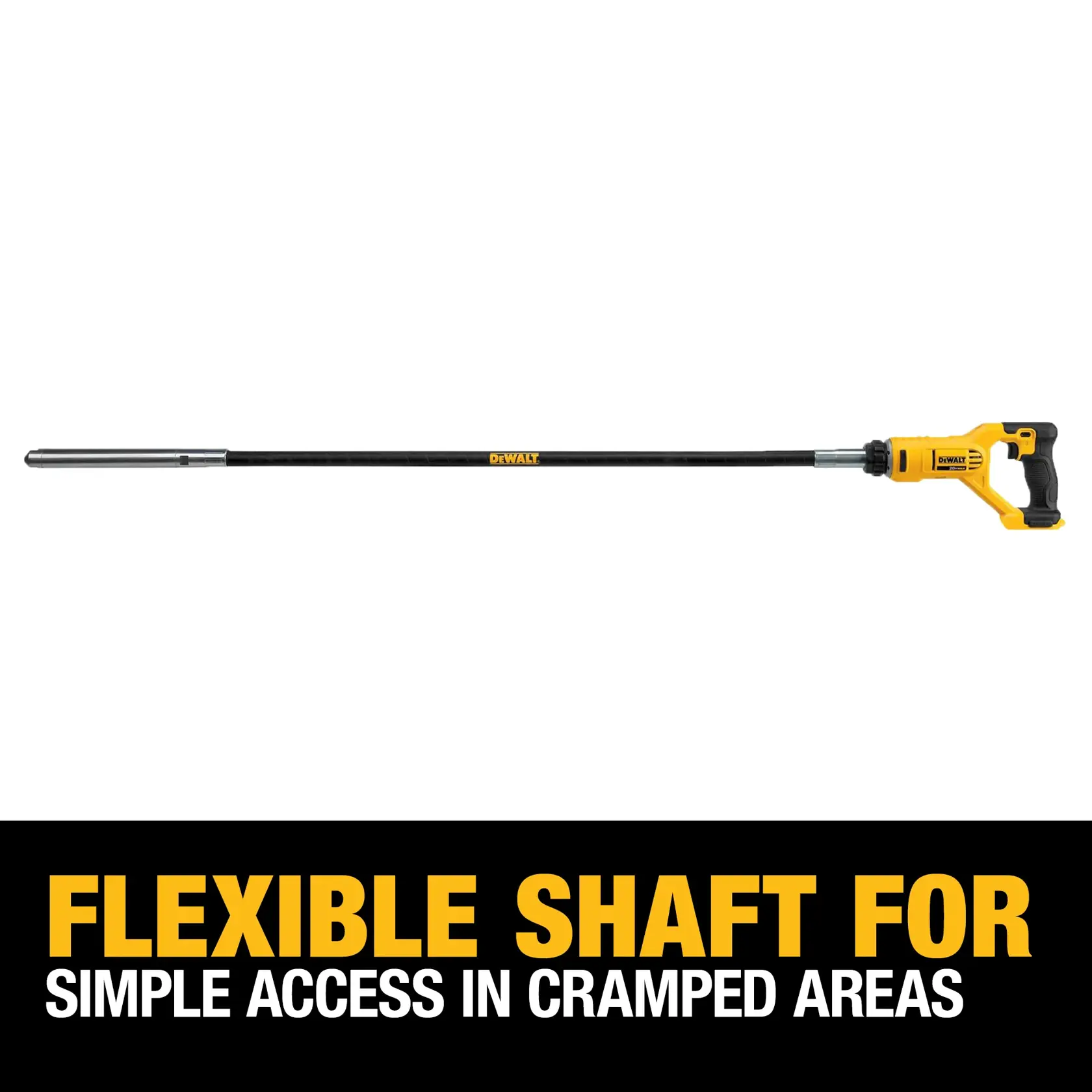 DEWALT flexible shaft tool with yellow and black handle, designed for simple access in cramped areas. The image also contains the text: 'Flexible shaft for simple access in cramped areas.'