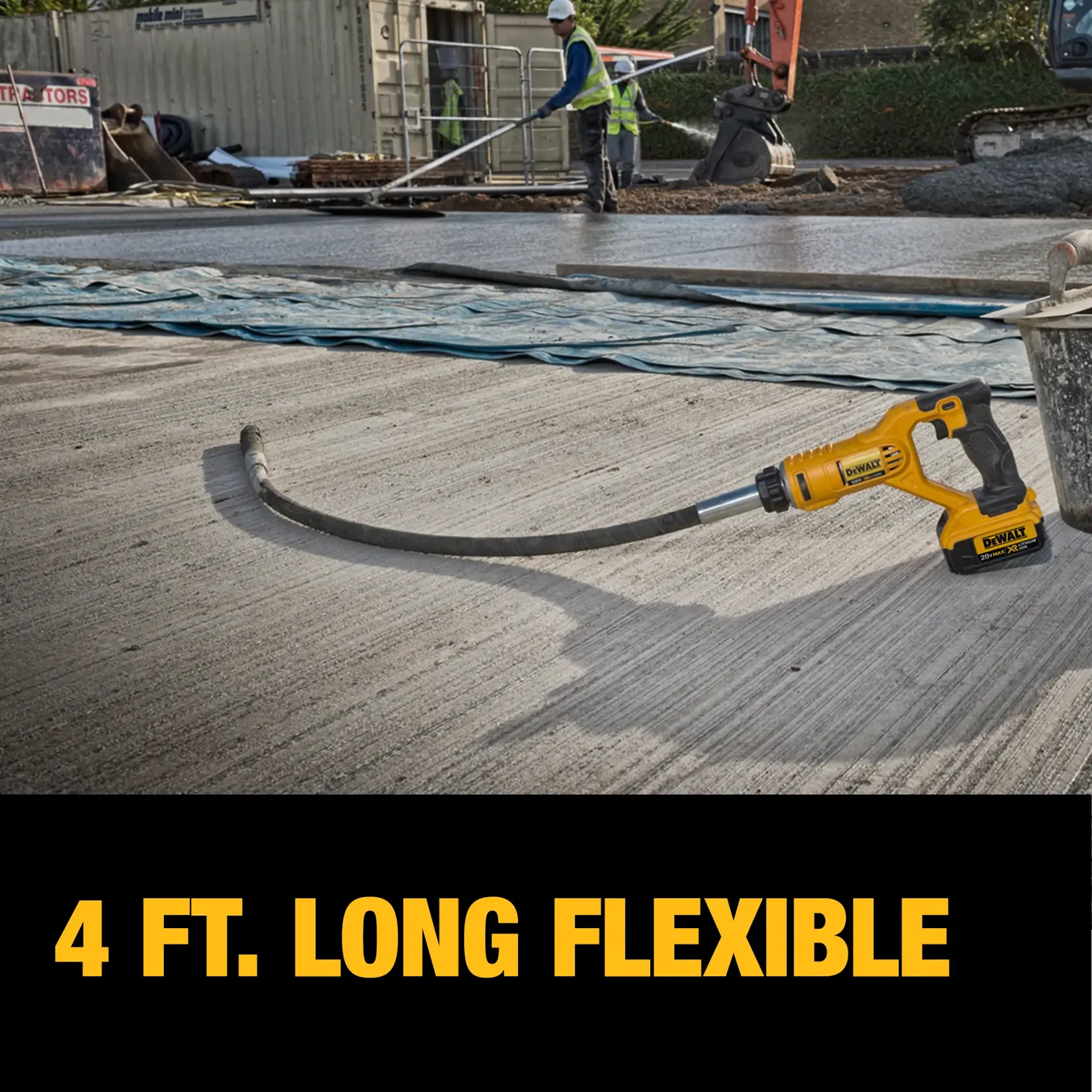 A DEWALT cordless concrete vibrator tool with a 4 ft. long flexible shaft is shown on a construction site, resting on a concrete surface. Workers and equipment are visible in the background.
