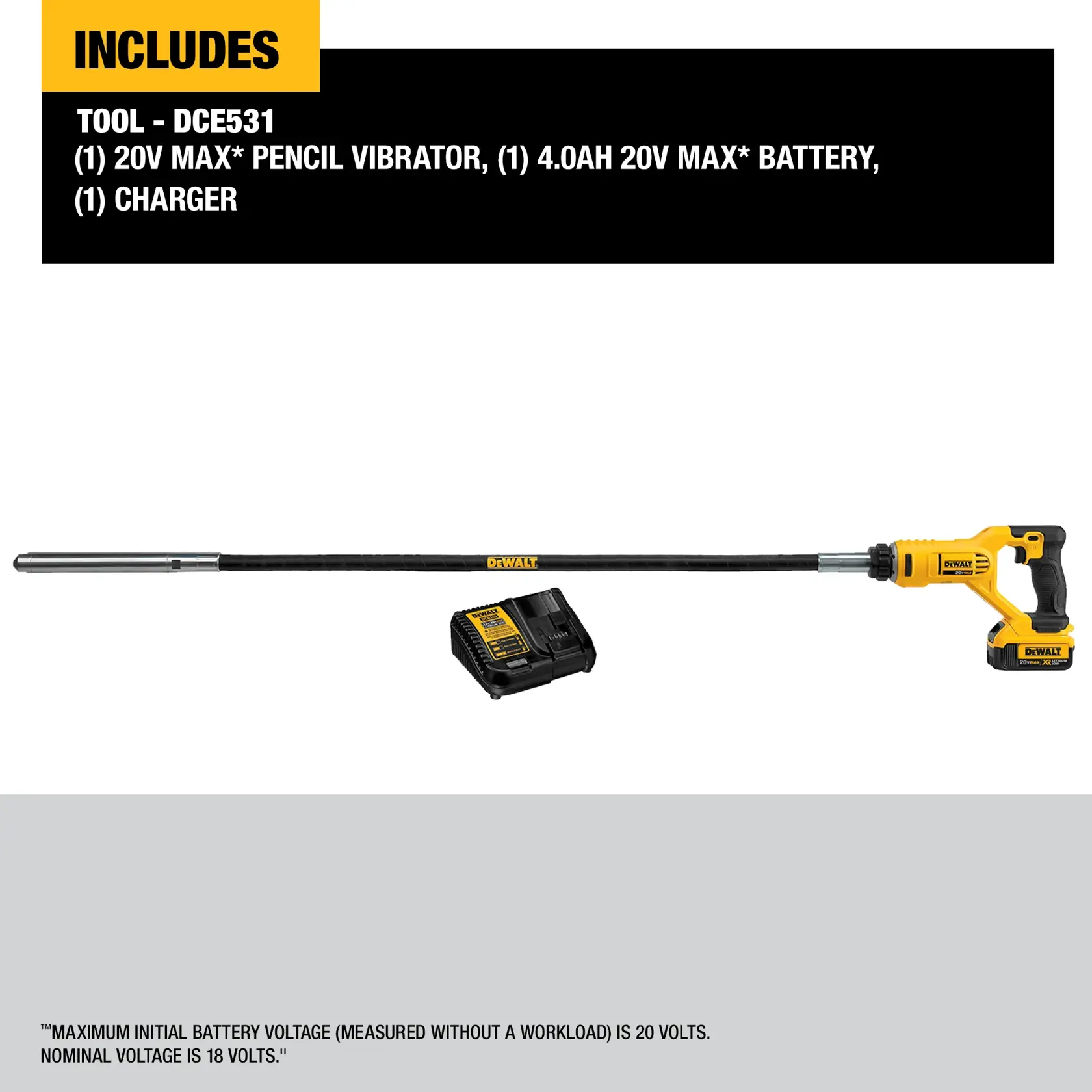 DEWALT DCE531 20V MAX pencil vibrator kit, including the pencil vibrator tool, a 4.0Ah 20V MAX battery, and a charger. The items are displayed on a plain background with text listing the included components.