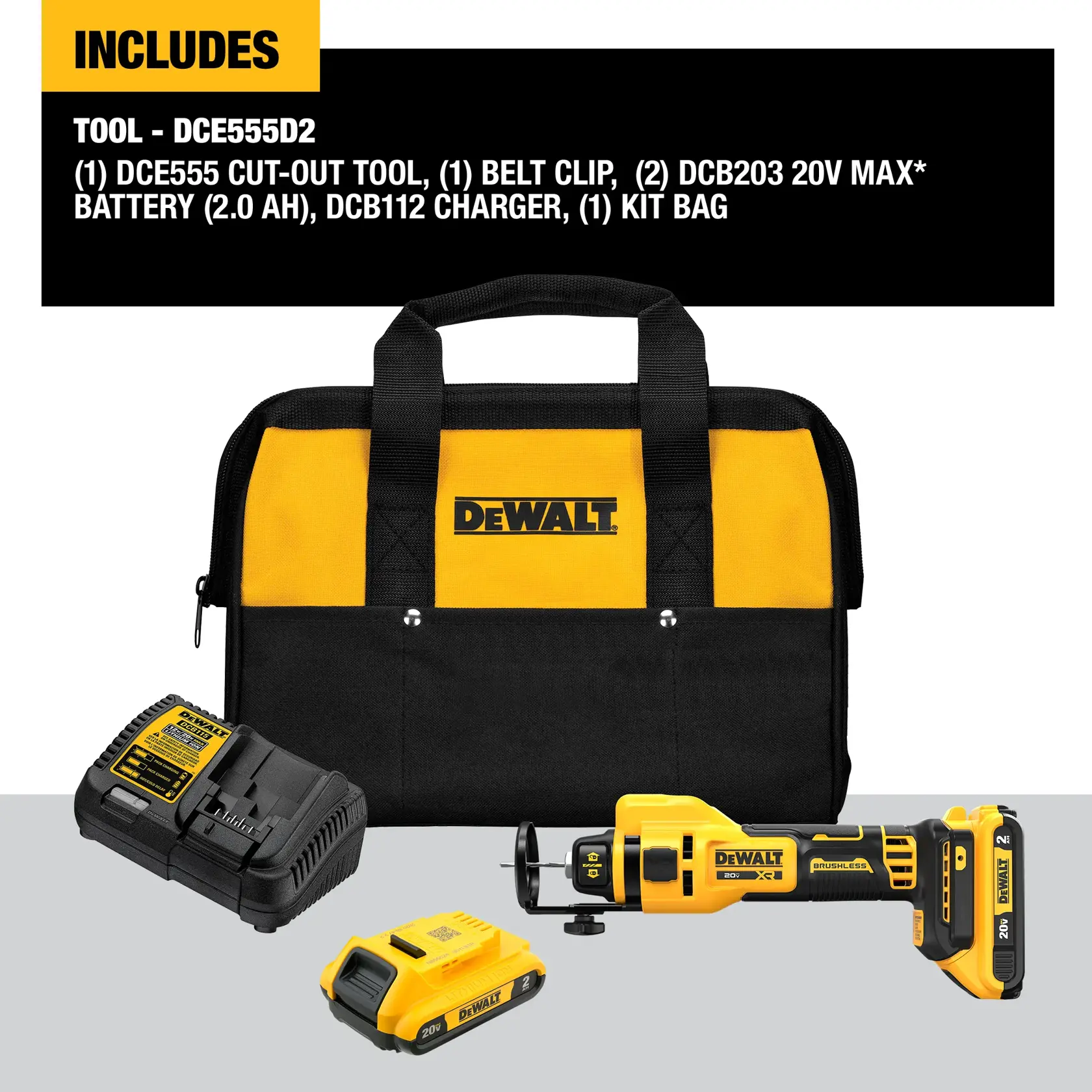 A DEWALT kit including a yellow and black tool bag, a DCE555 cut-out tool, a belt clip, two DCB203 20V MAX batteries, a DCB112 charger, all arranged on a light surface. The bag and tools are branded with the DEWALT logo.