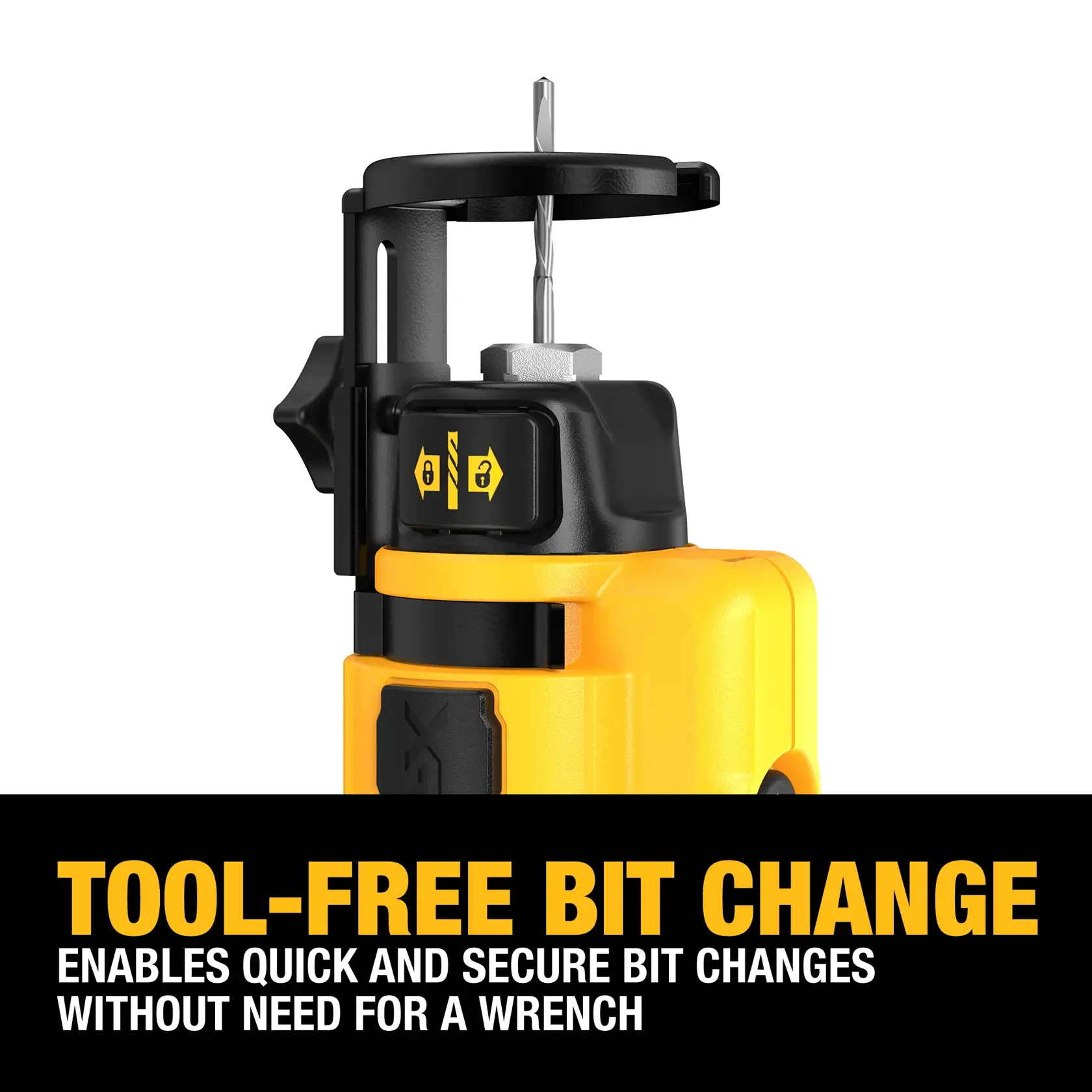 Close-up image of a yellow DEWALT tool with a drill bit, highlighting its tool-free bit change feature. The text reads: 'Tool-free bit change enables quick and secure bit changes without need for a wrench.'
