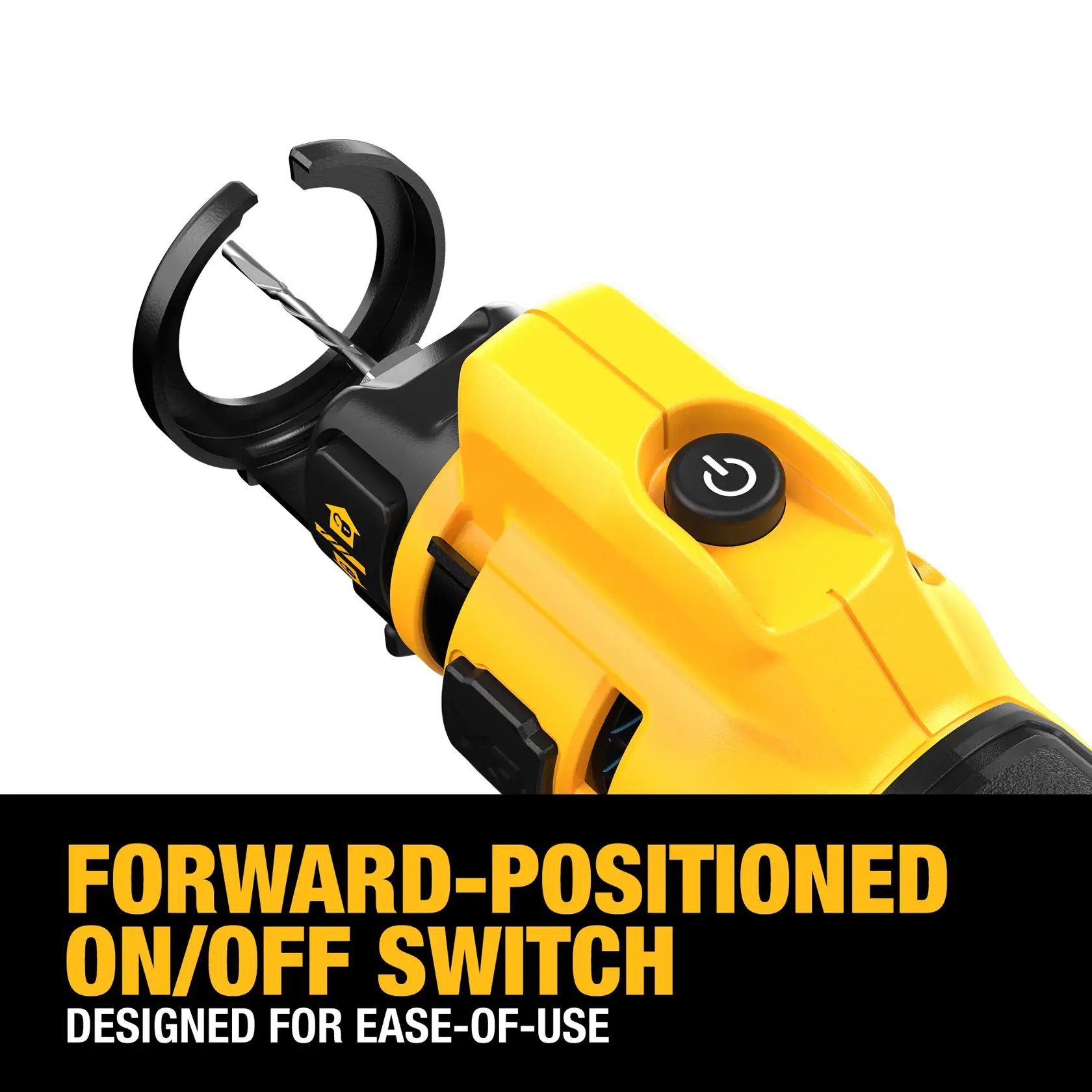 Close-up of a yellow DEWALT power tool featuring a forward-positioned on/off switch, with a drill bit attached. Text reads: 'Forward-positioned on/off switch designed for ease-of-use.'