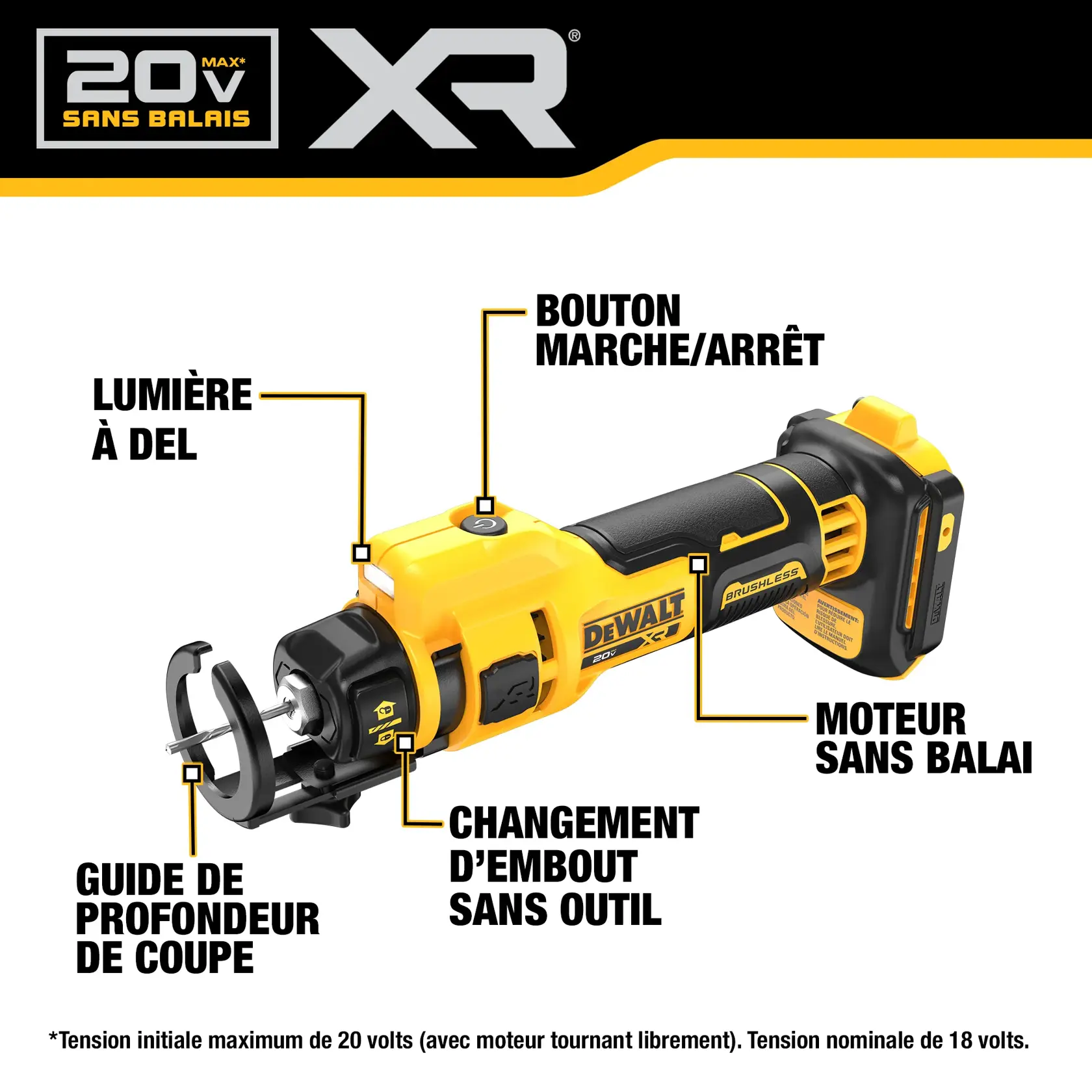 A DEWALT kit including a yellow and black tool bag, a DCE555 cut-out tool, a belt clip, two DCB203 20V MAX batteries, a DCB112 charger, all arranged on a light surface. The bag and tools are branded with the DEWALT logo.