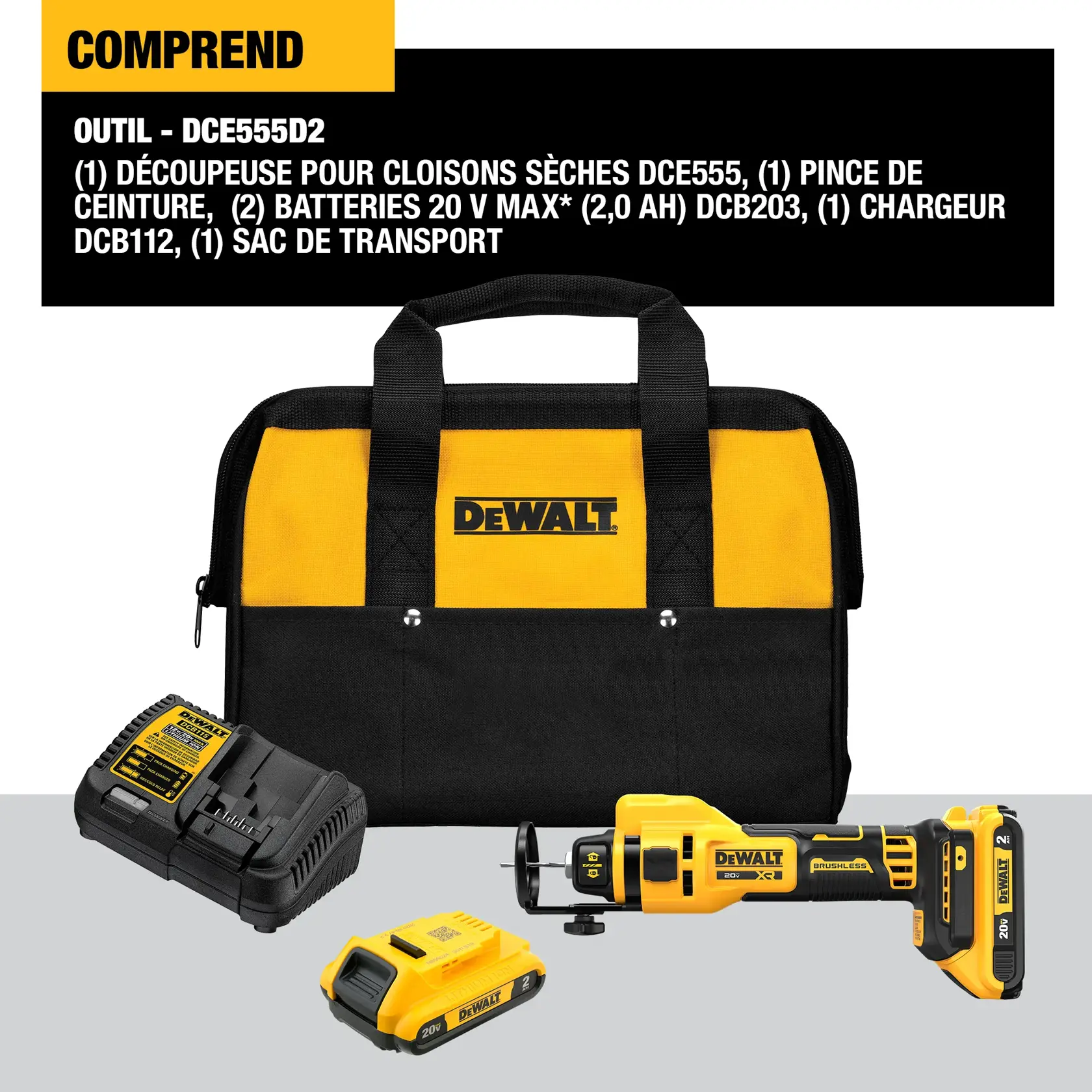 Product image of a DEWALT 20V Max XR brushless motor rotary tool, with highlighted features including LED light, on/off button, depth guide, tool-free bit change, and brushless motor. The tool is yellow and black, with a battery pack attached. Text at the bottom notes maximum initial battery voltage is 20 volts, nominal voltage is 18 volts.