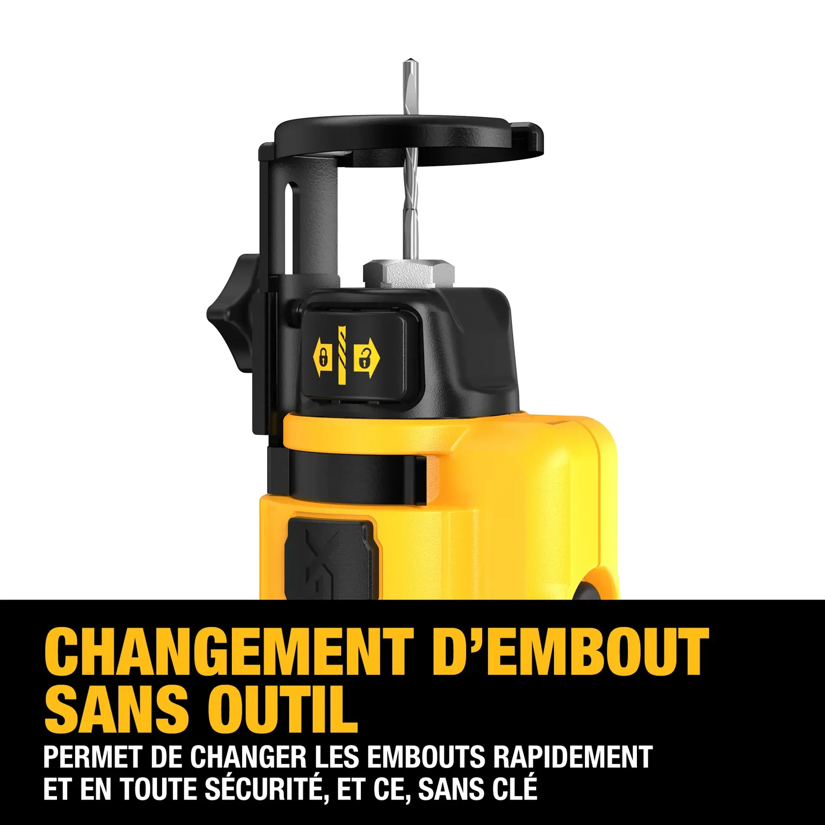 Close-up image of a yellow DEWALT tool with a drill bit, highlighting its tool-free bit change feature. The text reads: 'Tool-free bit change enables quick and secure bit changes without need for a wrench.'