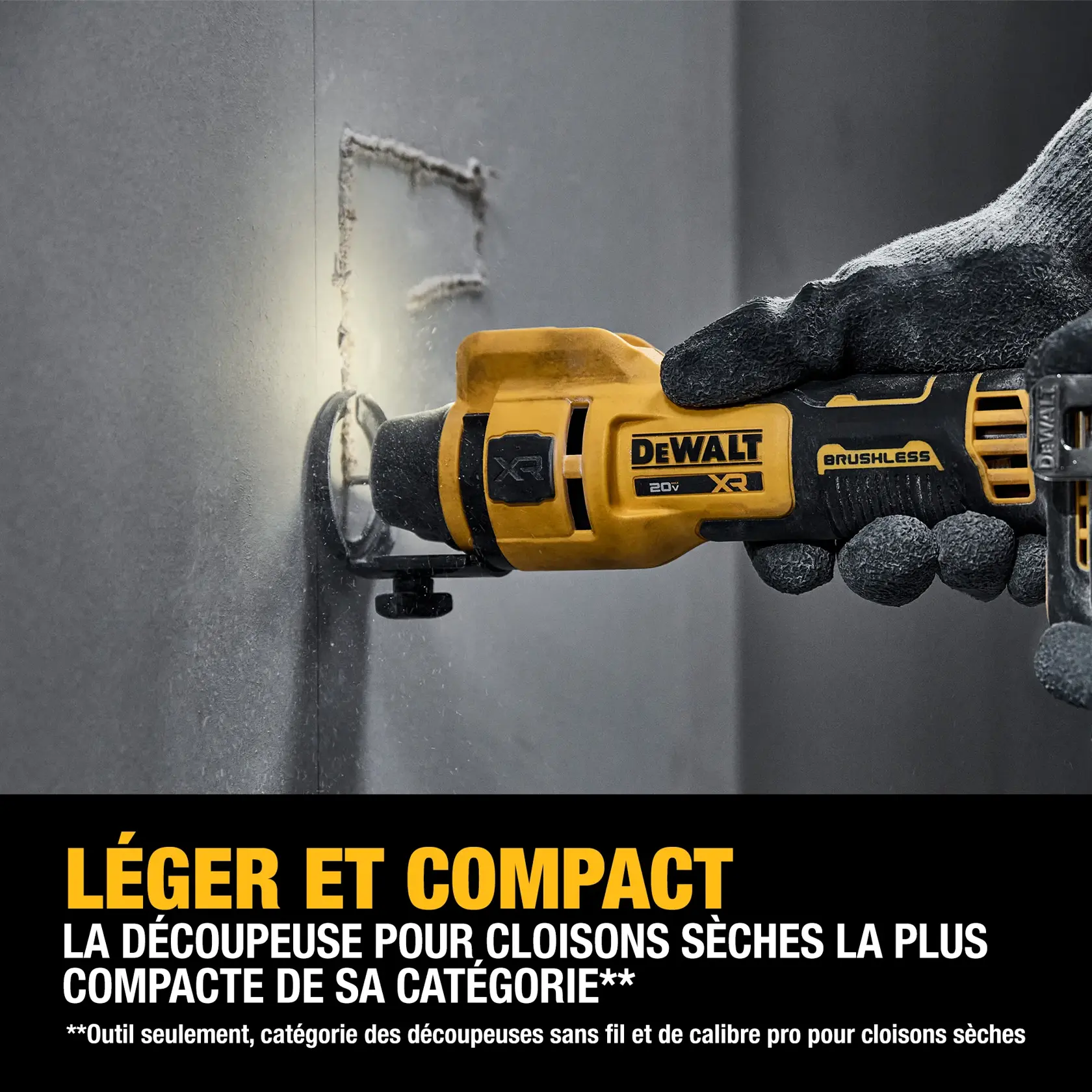 Close-up of a yellow DEWALT power tool featuring a forward-positioned on/off switch, with a drill bit attached. Text reads: 'Forward-positioned on/off switch designed for ease-of-use.'