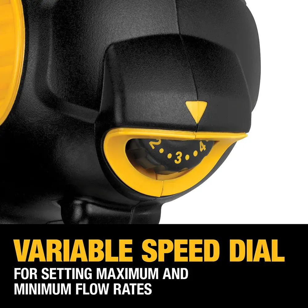 Close-up of a DEWALT tool's variable speed dial with yellow markings, showing numbers for adjusting maximum and minimum flow rates. Text on the image reads: 'Variable Speed Dial. For setting maximum and minimum flow rates.'