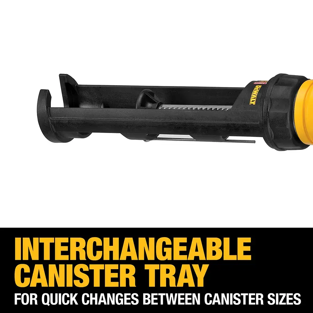 A DEWALT tool canister tray with text indicating it is an interchangeable canister tray for quick changes between canister sizes.