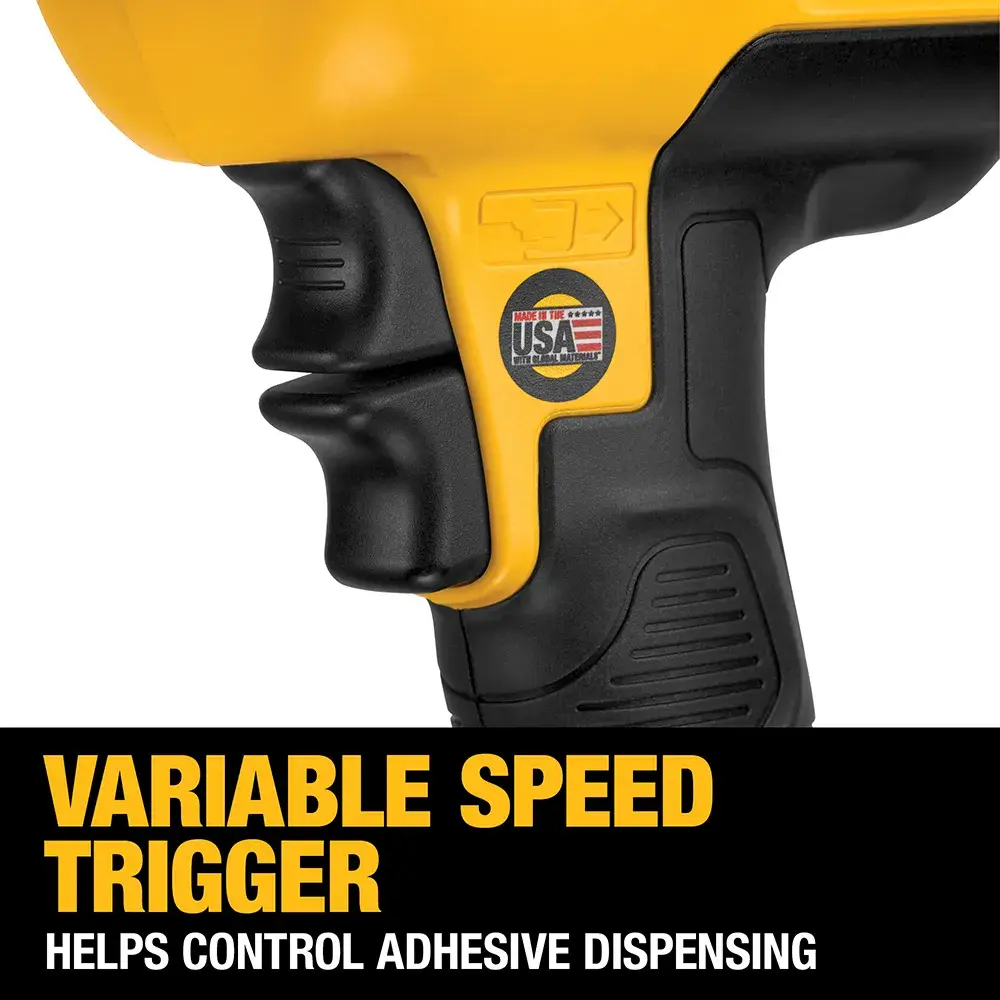 Close-up image of a DEWALT adhesive dispensing tool handle showing a variable speed trigger feature. Text below reads 'Variable Speed Trigger helps control adhesive dispensing'.