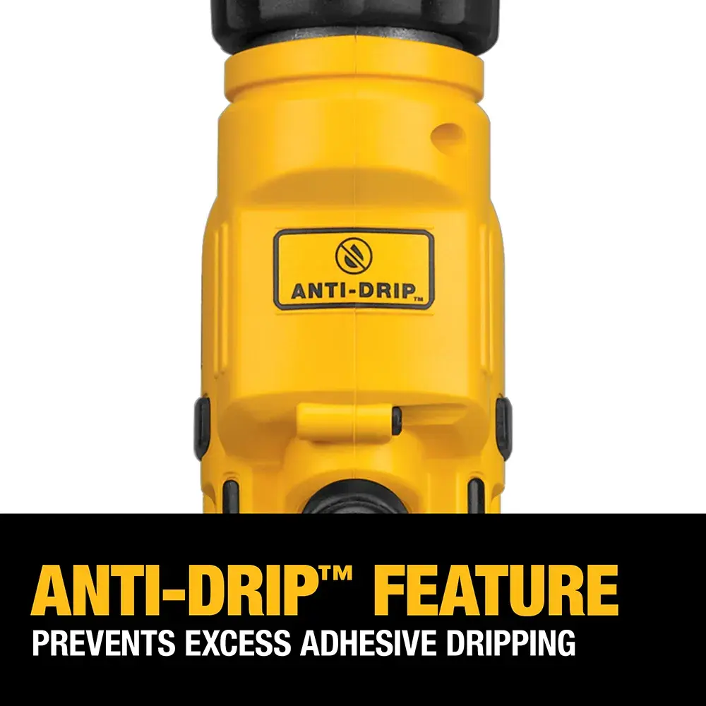 Close-up of a yellow DEWALT tool with 'ANTI-DRIP' label. A black box below highlights 'ANTI-DRIP feature prevents excess adhesive dripping.'