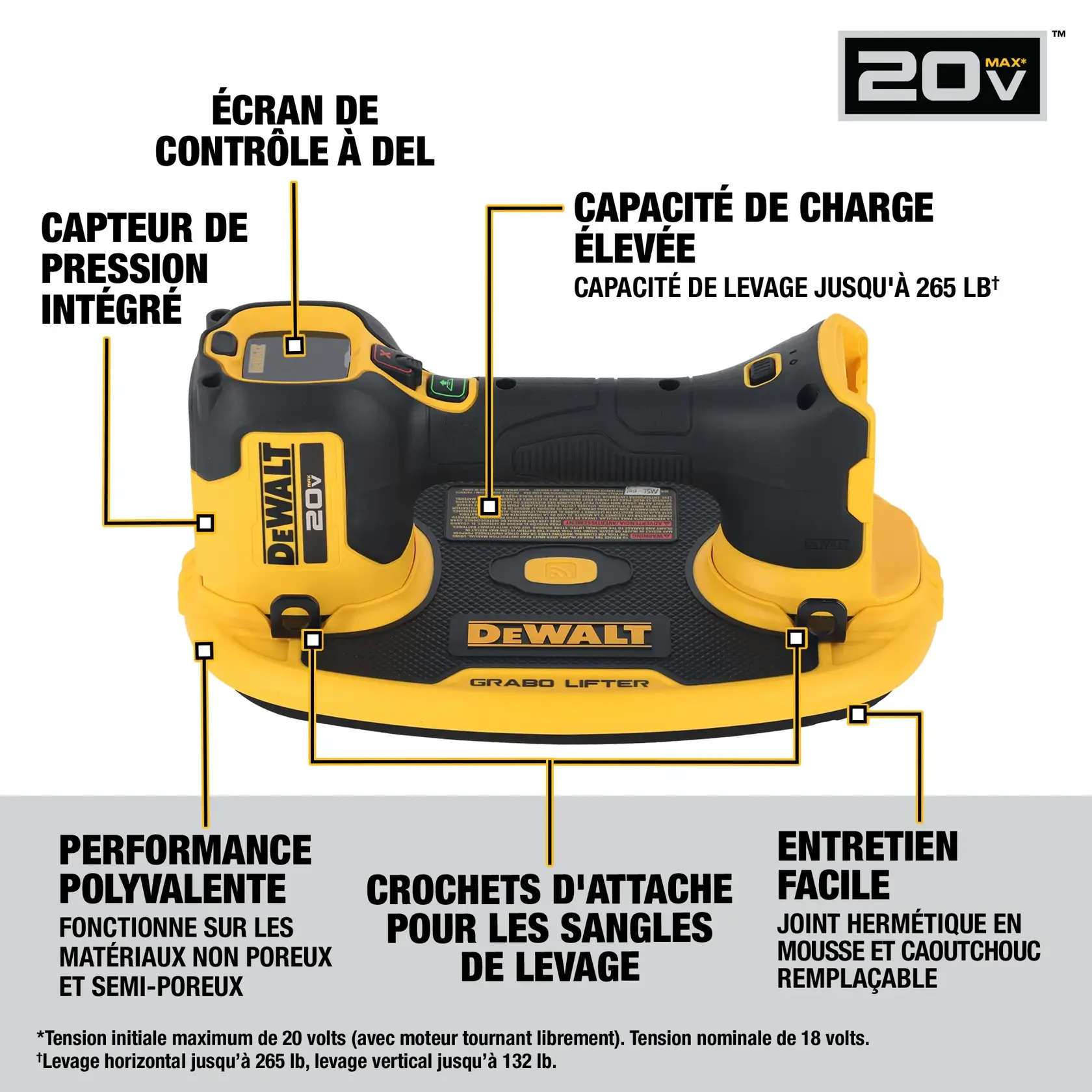 Image of a DEWALT 20V Max Grabo Lifter featuring several highlighted features. The product includes a bright LED control screen, a built-in pressure sensor, high load capacity of up to 265 lbs, versatile performance for non and semi-porous materials, attachment hooks, and convenient maintenance with a replaceable foam-rubber vacuum seal. The DEWALT branding and product details are prominently displayed.
