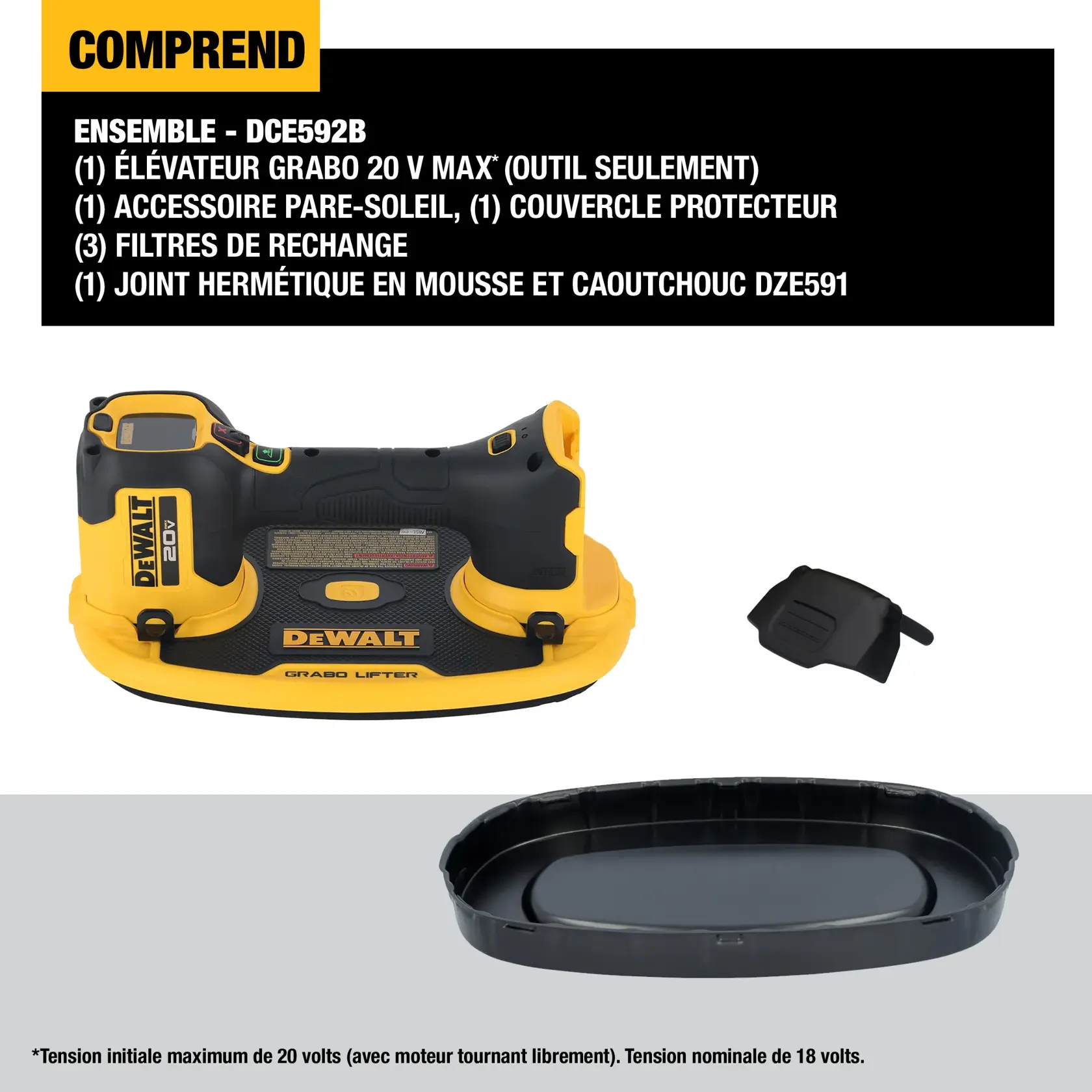 Image showing the DEWALT DCE592B 20V Max Grabo Lifter tool and included accessories. The accessories pictured include a sunshade, a seal guard, replacement dust filters, and a foam rubber seal. The main product is black and yellow, with DEWALT branding, and is designed for lifting and gripping surfaces. The packaging list and voltage information are also displayed.