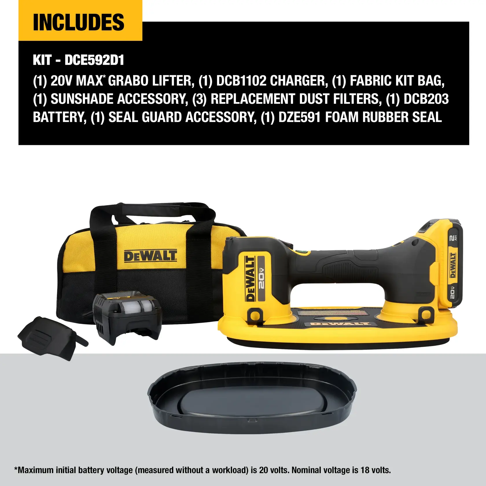 Image showing the DEWALT DCE592D1 kit contents, including a 20V MAX Grabo lifter, DCB1102 charger, fabric kit bag, sunshade accessory, three replacement dust filters, DCB203 battery, seal guard accessory, and DZE591 foam rubber seal. Products are displayed in front of a yellow and black DEWALT branded bag.