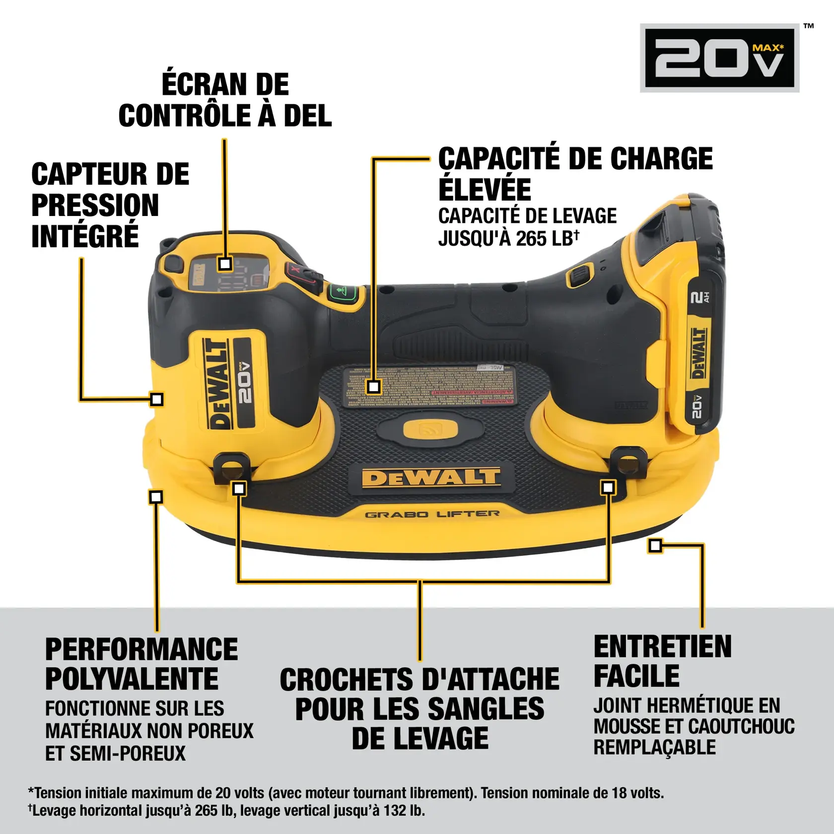 Image of a DEWALT 20V Max Grabo Lifter tool, featuring labeled details: bright LED control screen, built-in pressure sensor, high load capacity (up to 265 lbs max), versatile performance (works on non and semi-porous materials), attachment hooks, and convenient maintenance with a replaceable foam-rubber vacuum seal. The product is black and yellow in color and displays the DEWALT logo.
