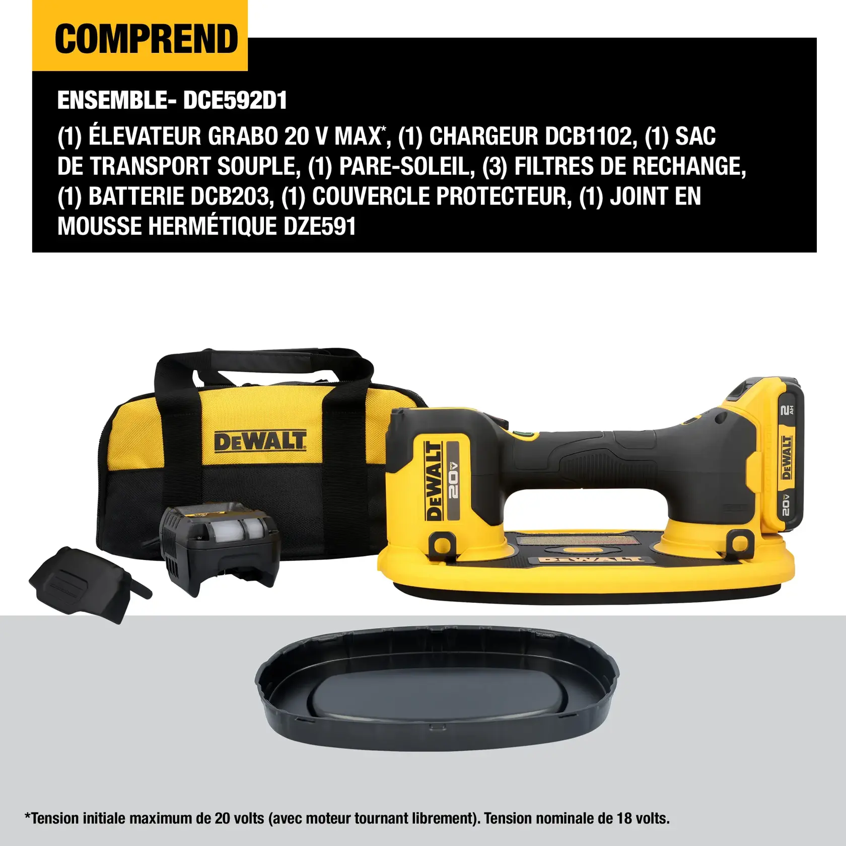 Image showing the DEWALT DCE592D1 kit contents, including a 20V MAX Grabo lifter, DCB1102 charger, fabric kit bag, sunshade accessory, three replacement dust filters, DCB203 battery, seal guard accessory, and DZE591 foam rubber seal. Products are displayed in front of a yellow and black DEWALT branded bag.