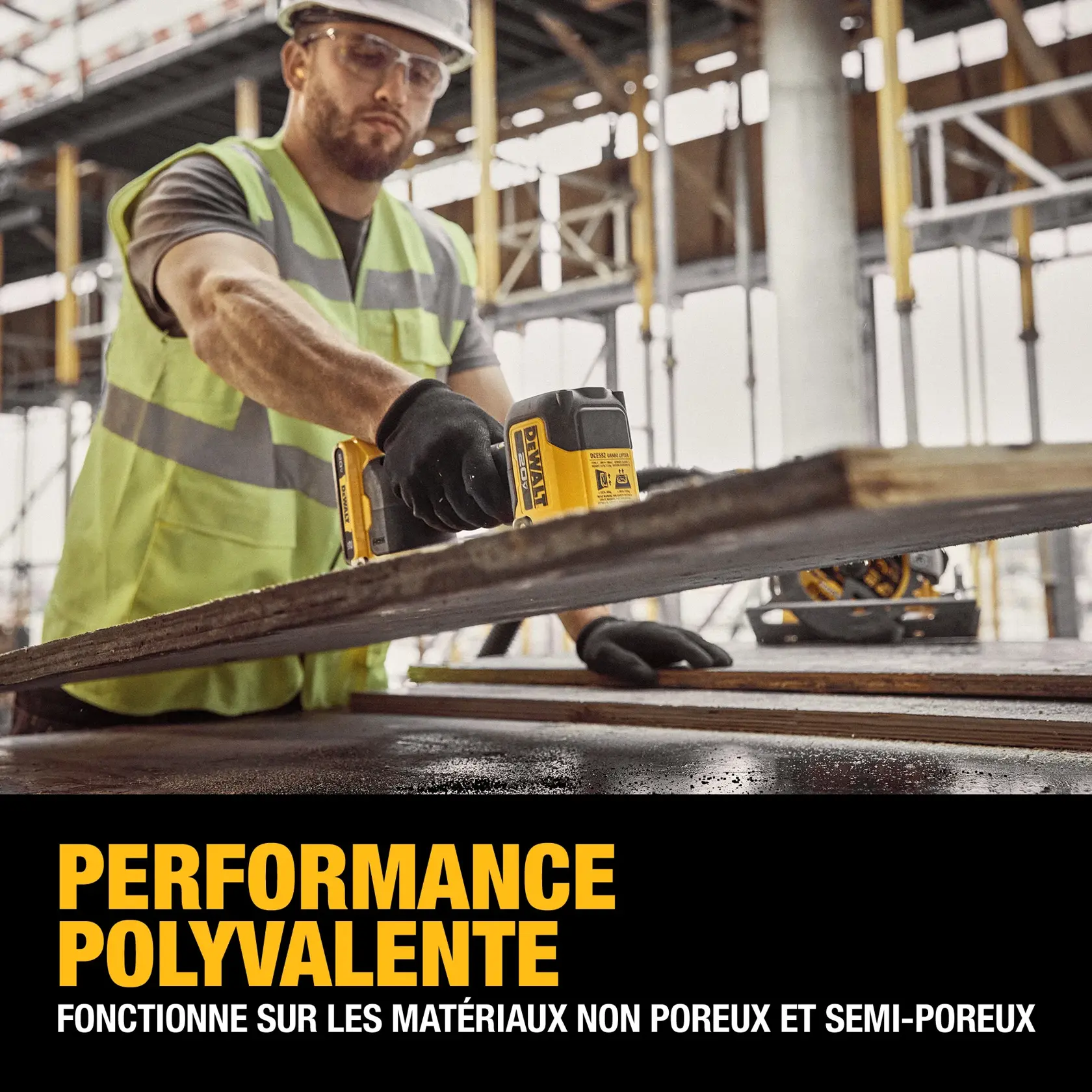 A person wearing a high-visibility vest and gloves is using a DEWALT power tool on a construction site. The focus is on the tool working on a large piece of material. Text on the image reads: 'Versatile performance. Works on non and semi-porous materials.'