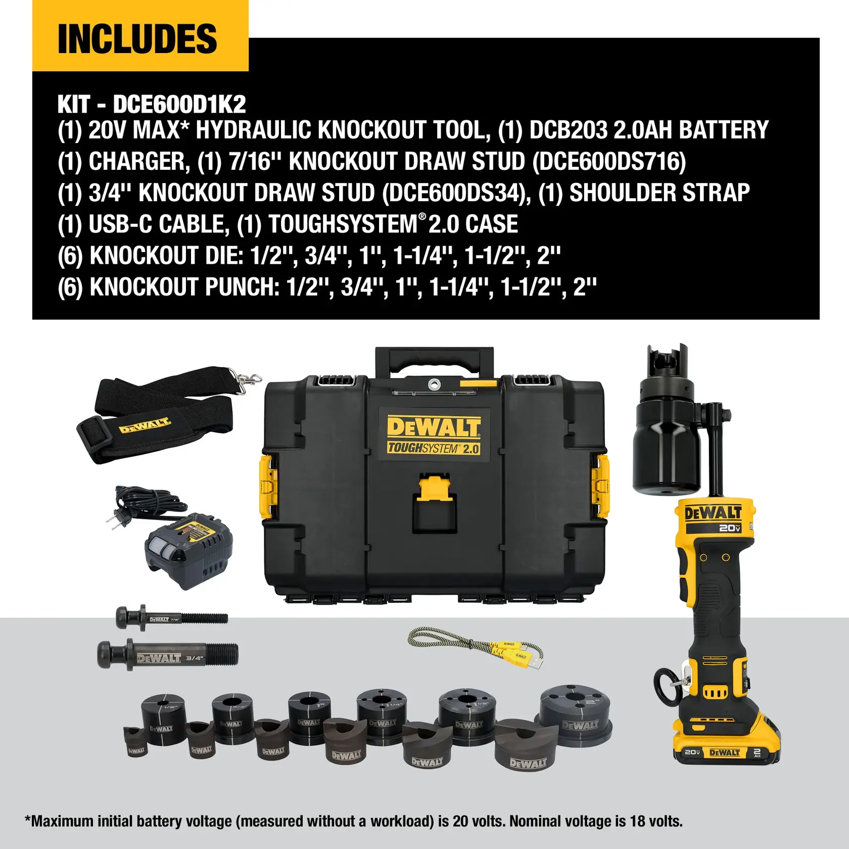 Image showing the DEWALT DCE600D1K2 20V Max hydraulic knockout tool kit. The kit includes: a hydraulic knockout tool, a DCB203 2.0Ah battery, a charger, 7/16" knockout draw stud, 3/4" knockout draw stud, a shoulder strap, USB-C cable, ToughSystem 2.0 carrying case, six knockout dies (1/2", 3/4", 1", 1-1/4", 1-1/2", 2"), and six knockout punches (1/2", 3/4", 1", 1-1/4", 1-1/2", 2"). All components are displayed neatly, including the carrying case, battery, charger, tool, dies, punches, draw studs, and strap.