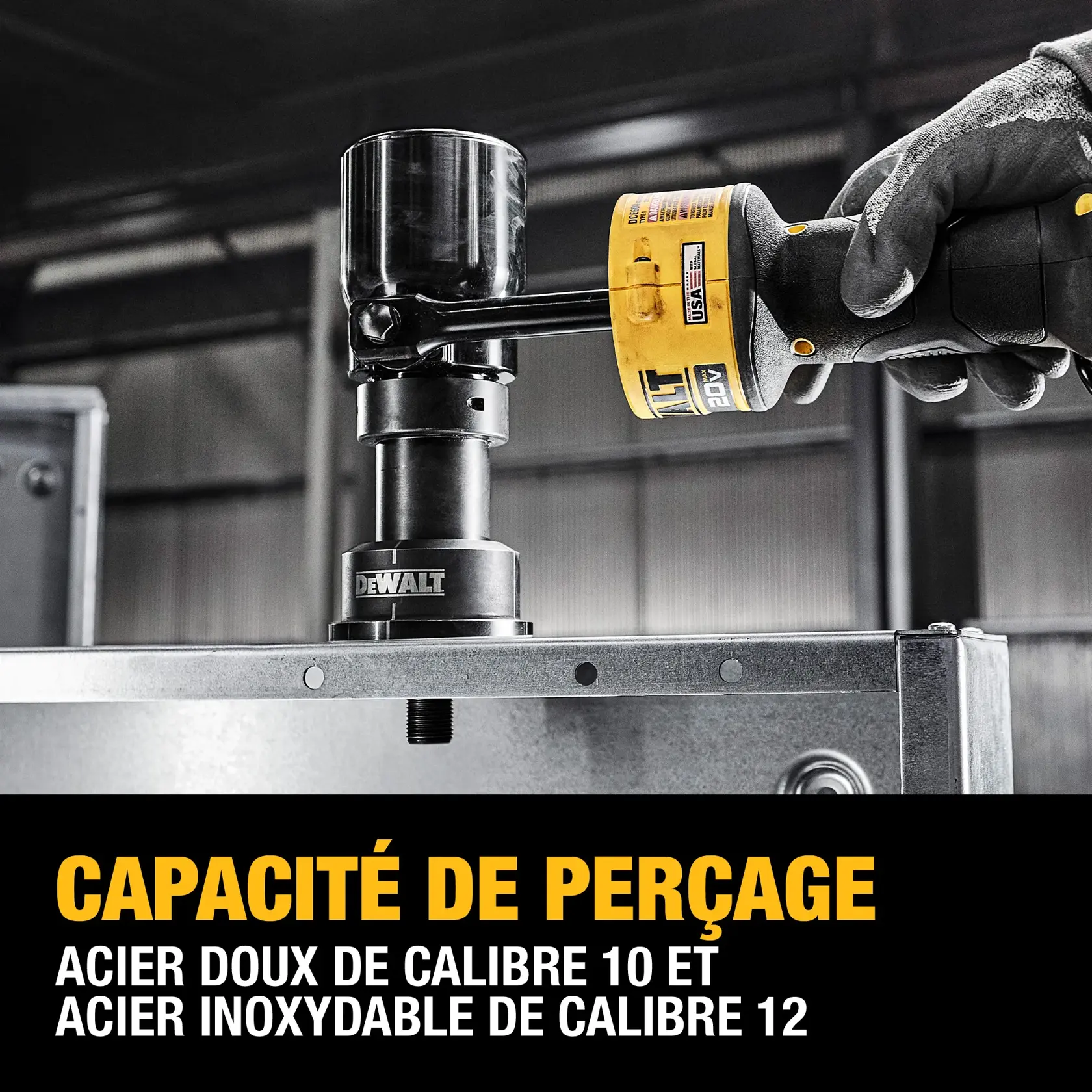 A hand holding a DEWALT power tool punches a hole in a metal sheet. The image highlights the tool’s punch capacity for 10 gauge mild steel and 12 gauge stainless steel. The tool is shown in an industrial setting with text emphasizing punch capacity.